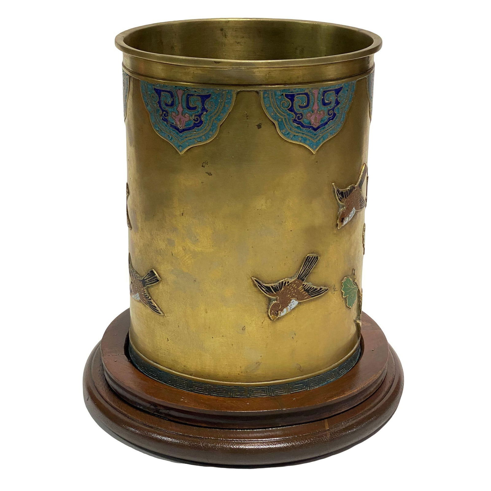 Chinese Floral Bronze Cloisonne Enamel Cylinder Vase w/ Wood Base - 9