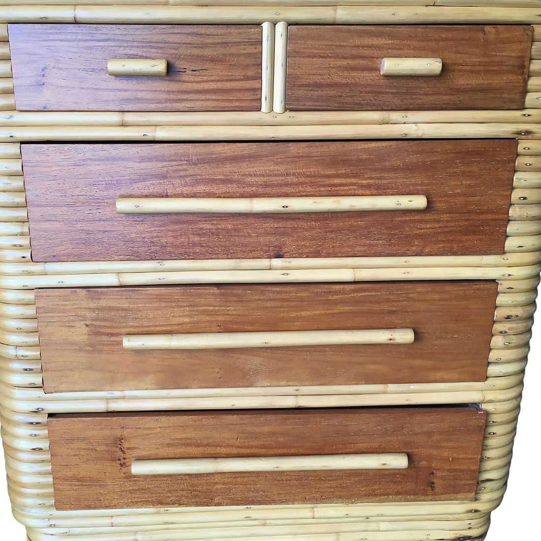 Restored Art Deco Highboy Stacked Rattan and Mahogany Dresser - 12