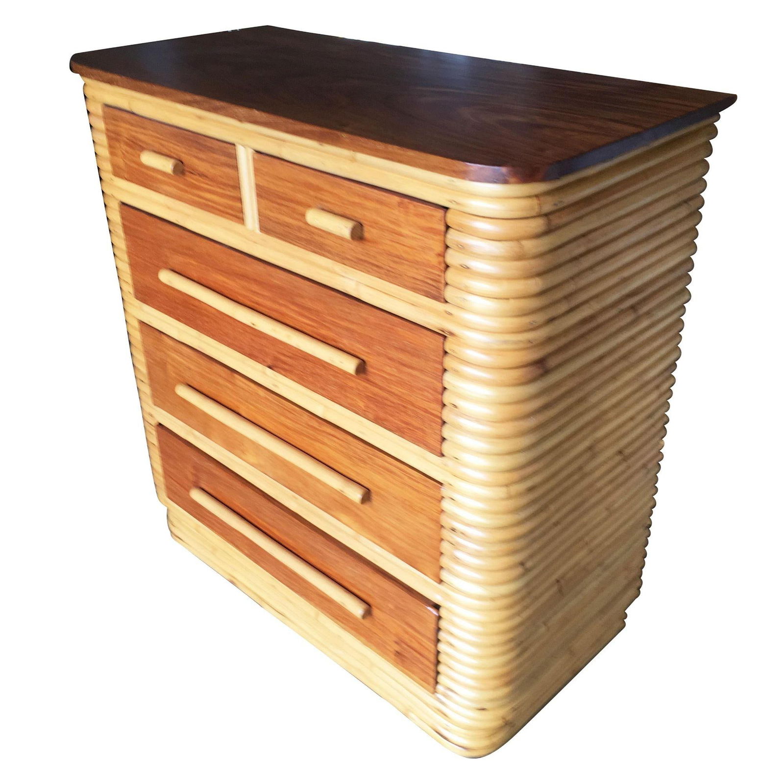Restored Art Deco Highboy Stacked Rattan and Mahogany Dresser - 17