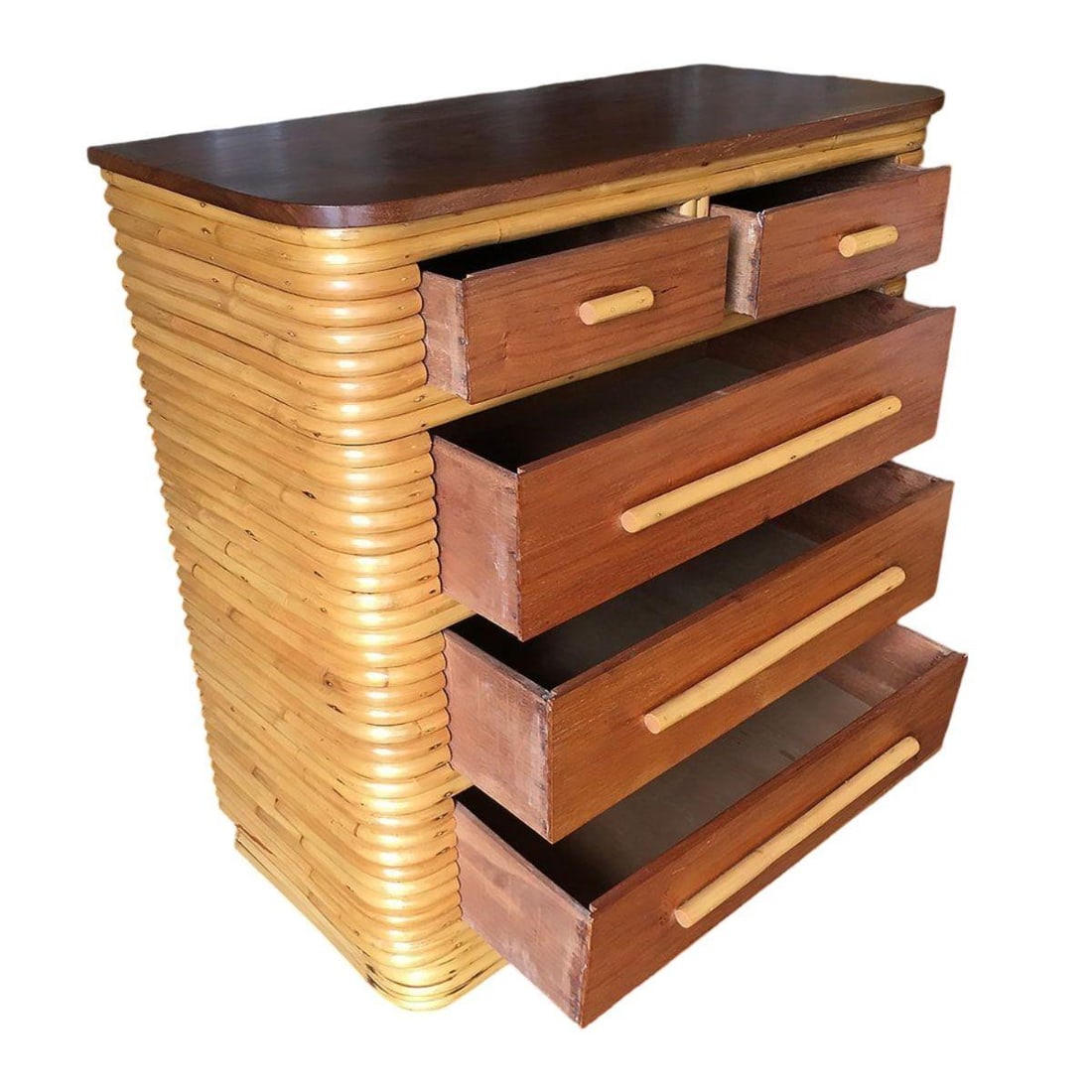 Restored Art Deco Highboy Stacked Rattan and Mahogany Dresser - 2