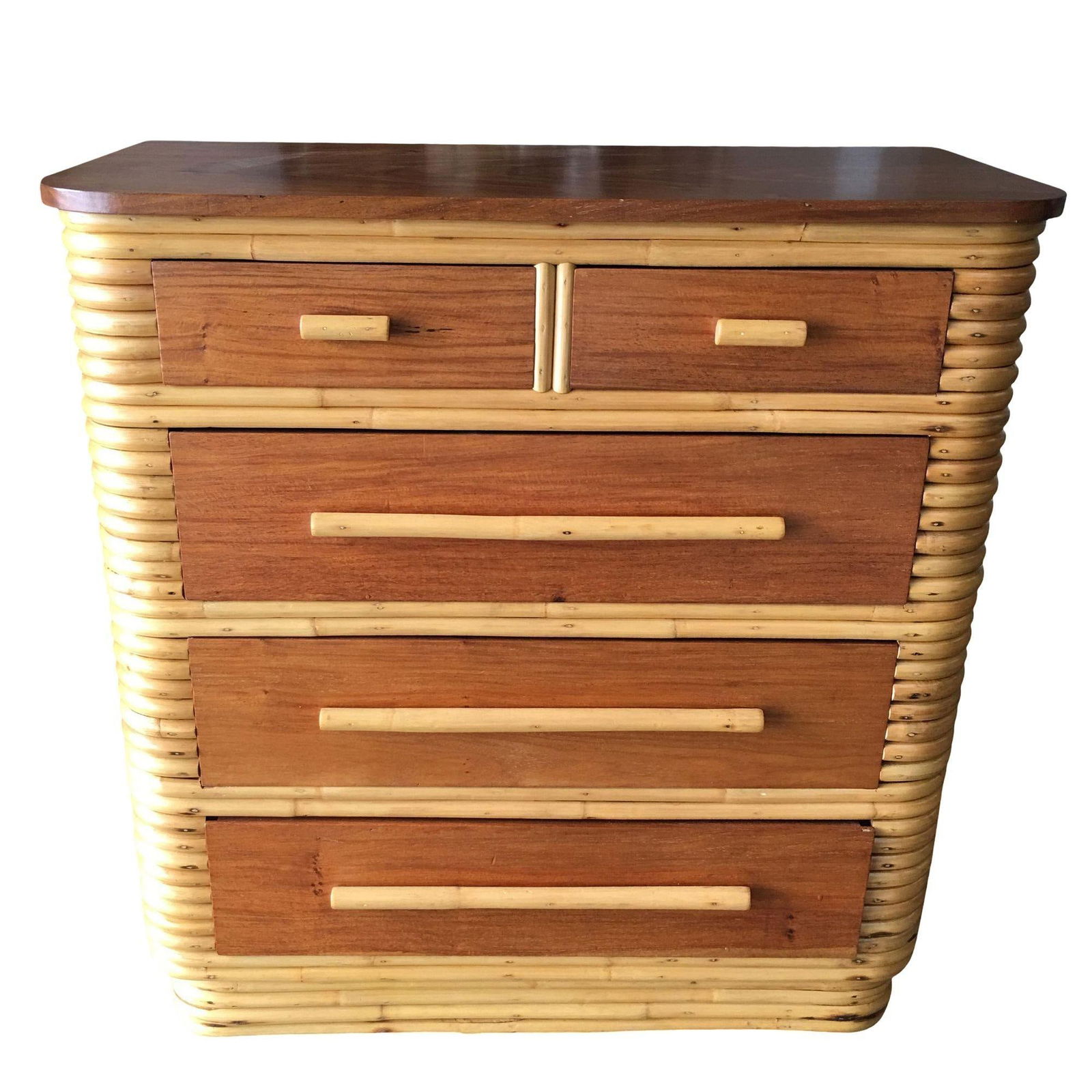 Restored Art Deco Highboy Stacked Rattan and Mahogany Dresser - 8