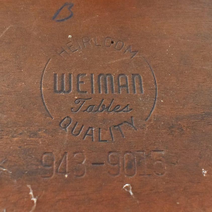 Mahogany & Brass Round Drum Coffee Table w/ Inlaid Leather by Weiman (SIGNED?) - 16