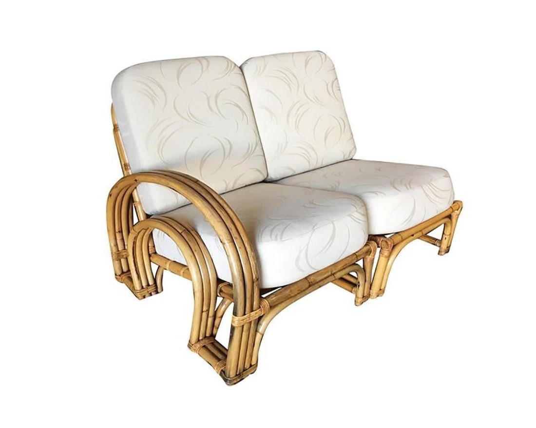 Restored Double Horseshoe Rattan Sofa, Lounge Chair, Side Table Living Room Set - 10