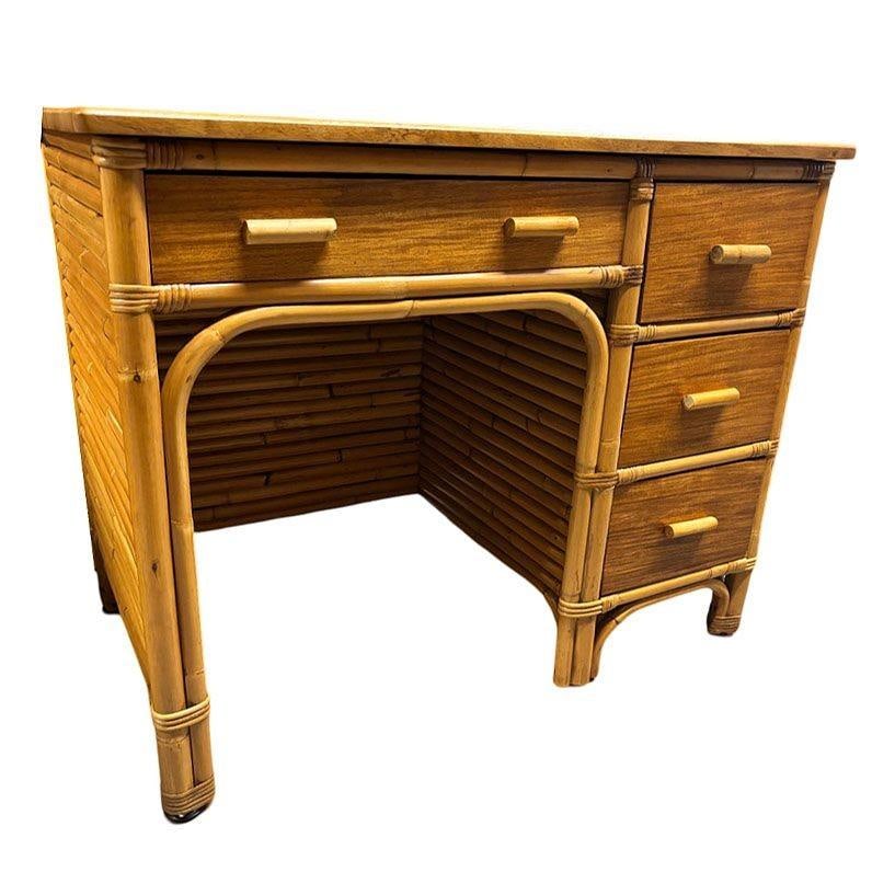 Restored Boutique Rattan & Mahogany Writing Desk w/ Stacked Rattan Sides - 17