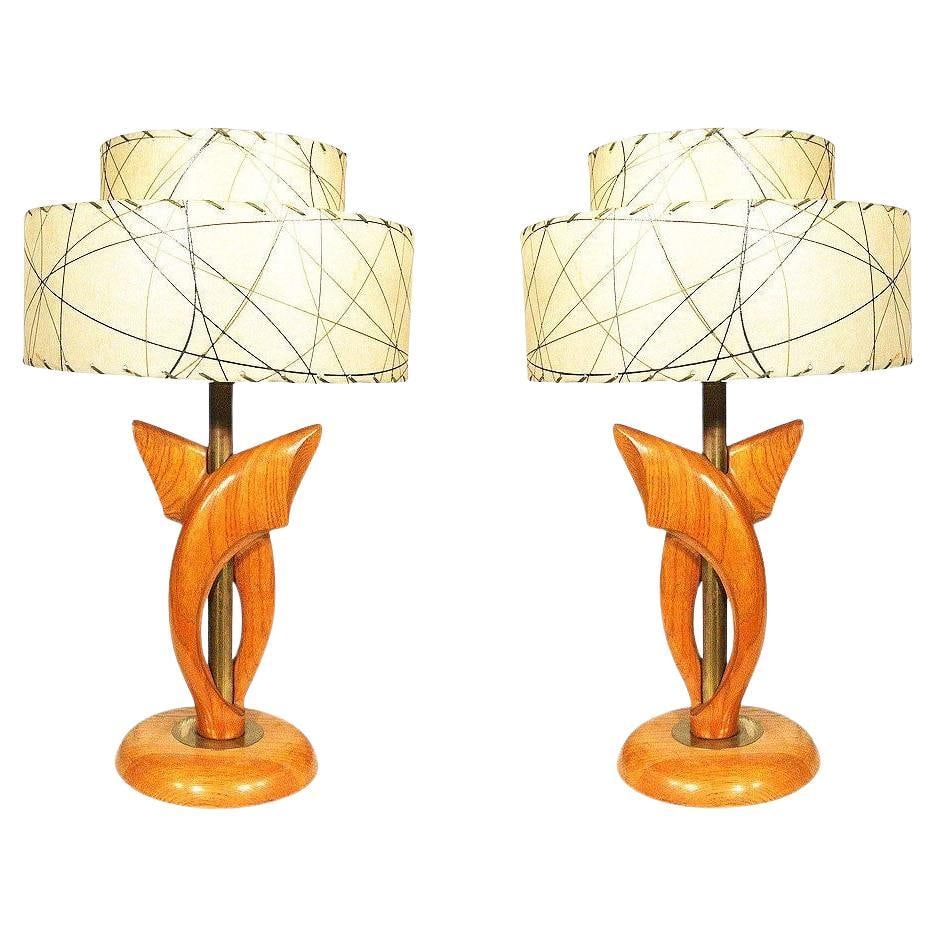 Yasha Heifetz Free-Form Oak and Brass Table Lamps, Pair - 7