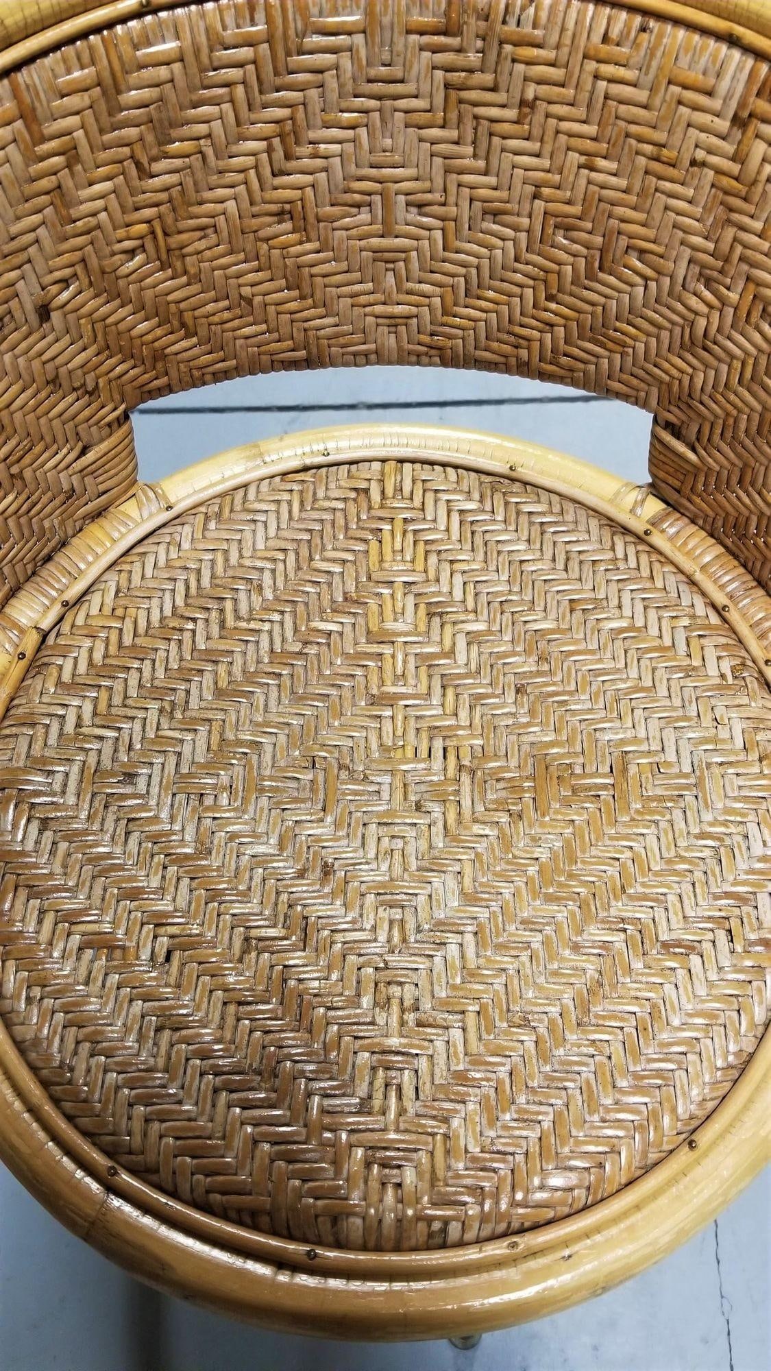 Restored Rattan & Wicker Swivel Bar Stool w/ Iron Base, Seng of Chicago - 13