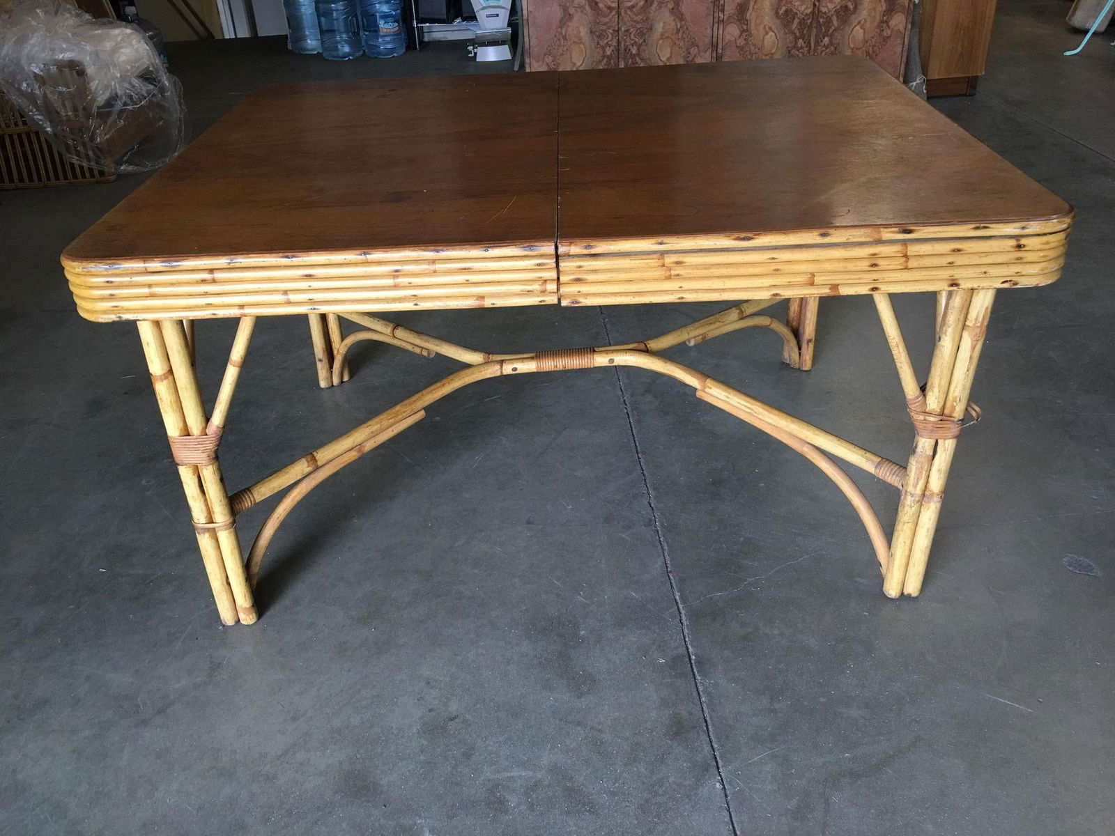 Restored Six Person Rattan Dining Table W/ Stacked Mahogany Top - 10