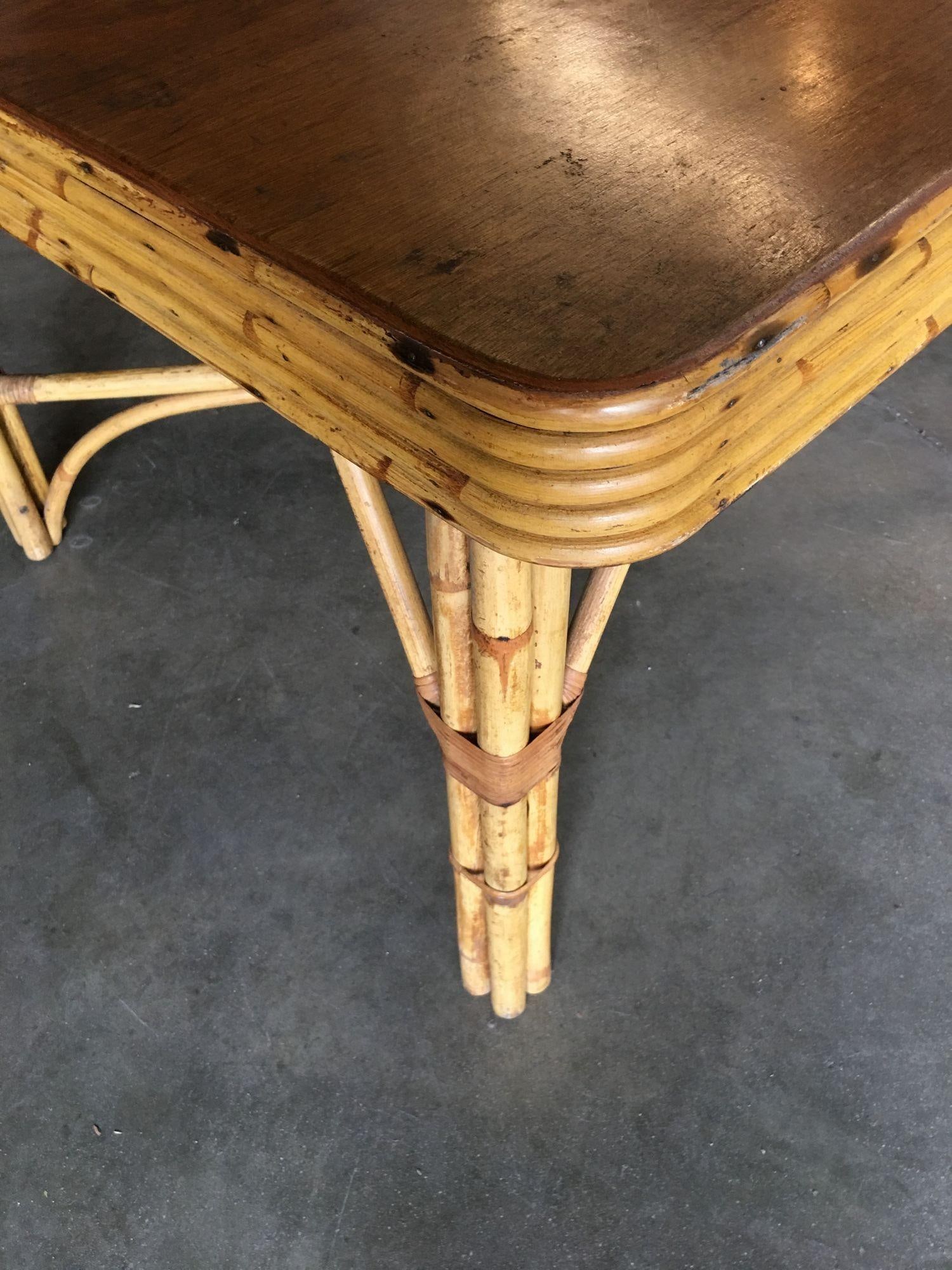 Restored Six Person Rattan Dining Table W/ Stacked Mahogany Top - 14