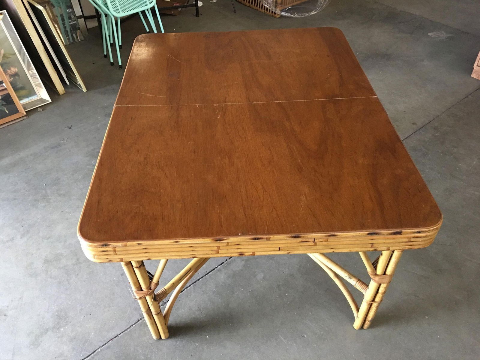 Restored Six Person Rattan Dining Table W/ Stacked Mahogany Top - 3