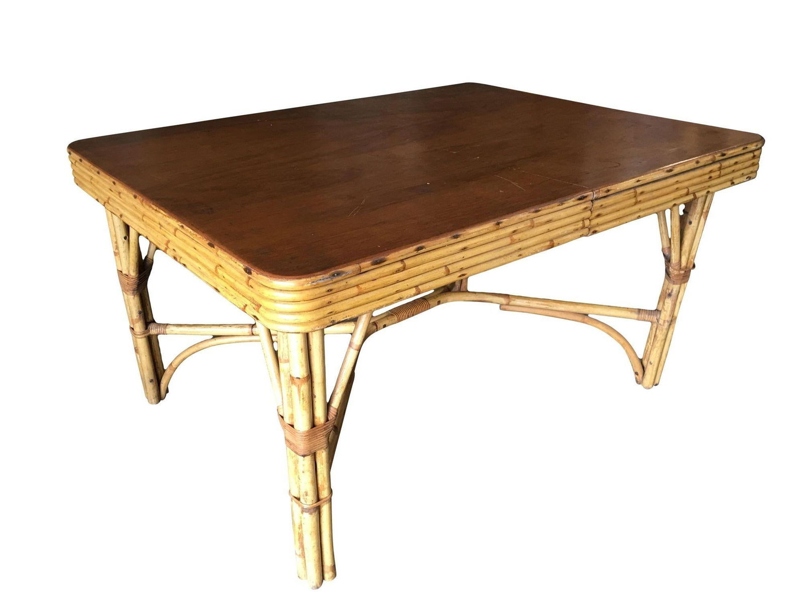 Restored Six Person Rattan Dining Table W/ Stacked Mahogany Top - 6