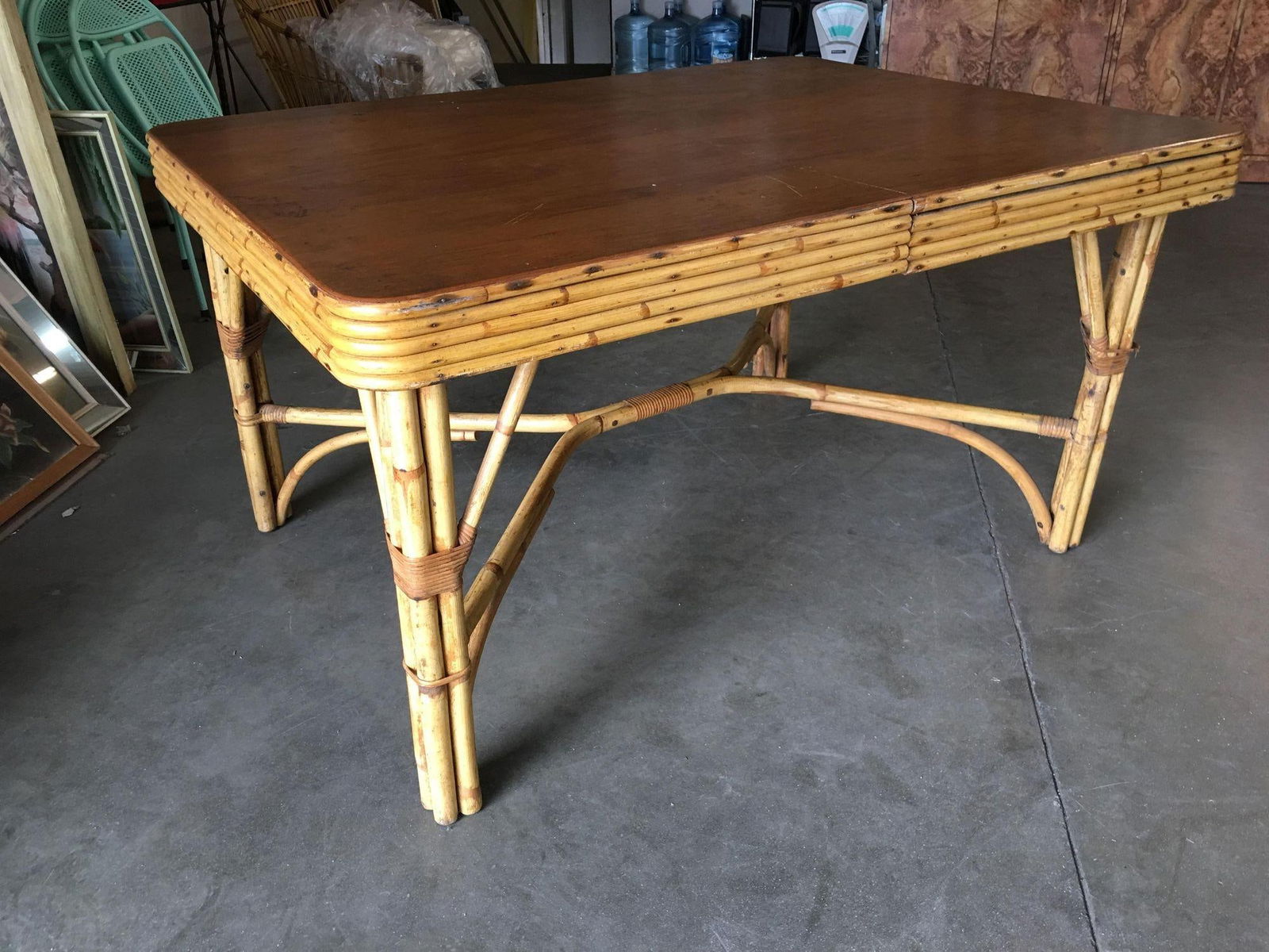Restored Six Person Rattan Dining Table W/ Stacked Mahogany Top - 9