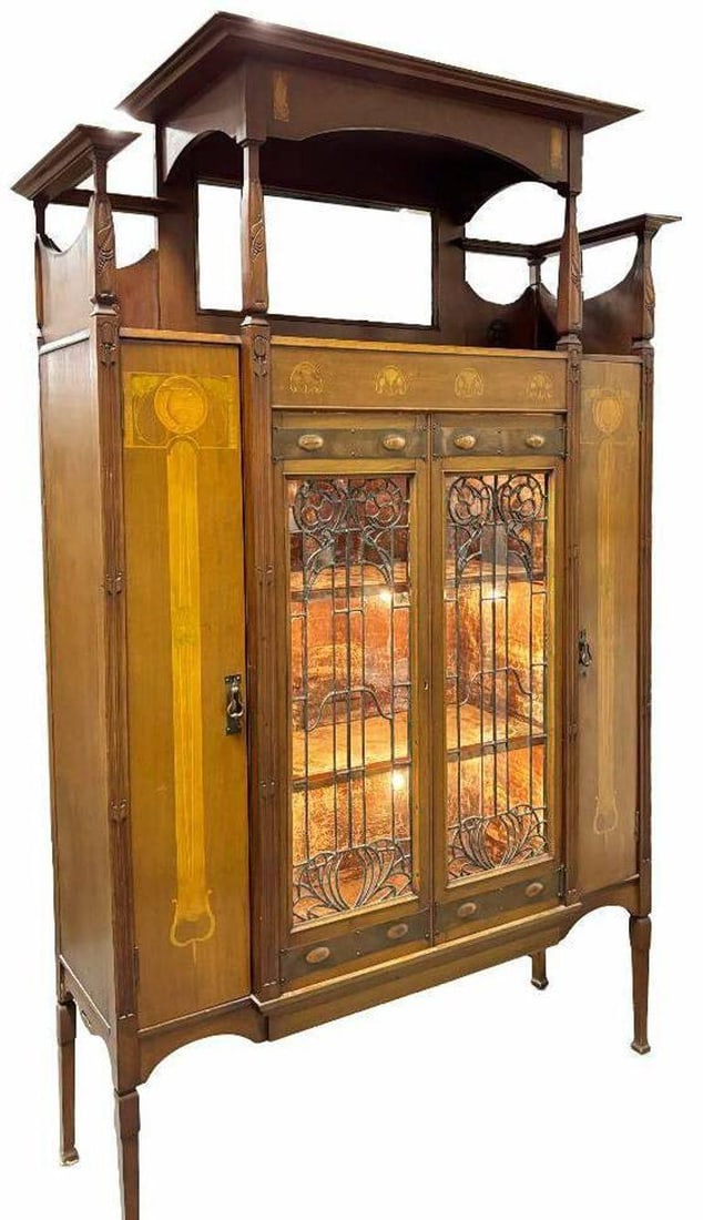 Antique Art Nouveau Mahogany and Floral Marquetry Display Cabinet - 8