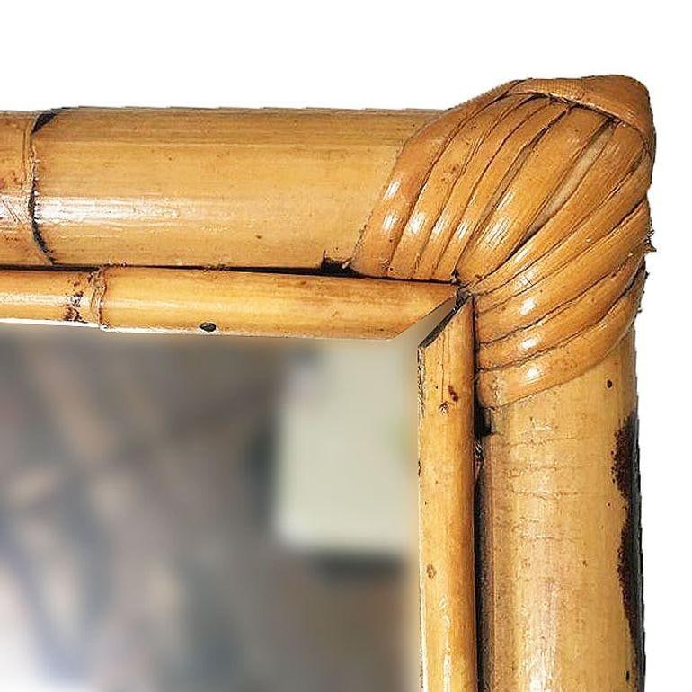 Restored Long Two-Strand Rattan Wall Mirror W/ Stick Reed Rattan Border - 5