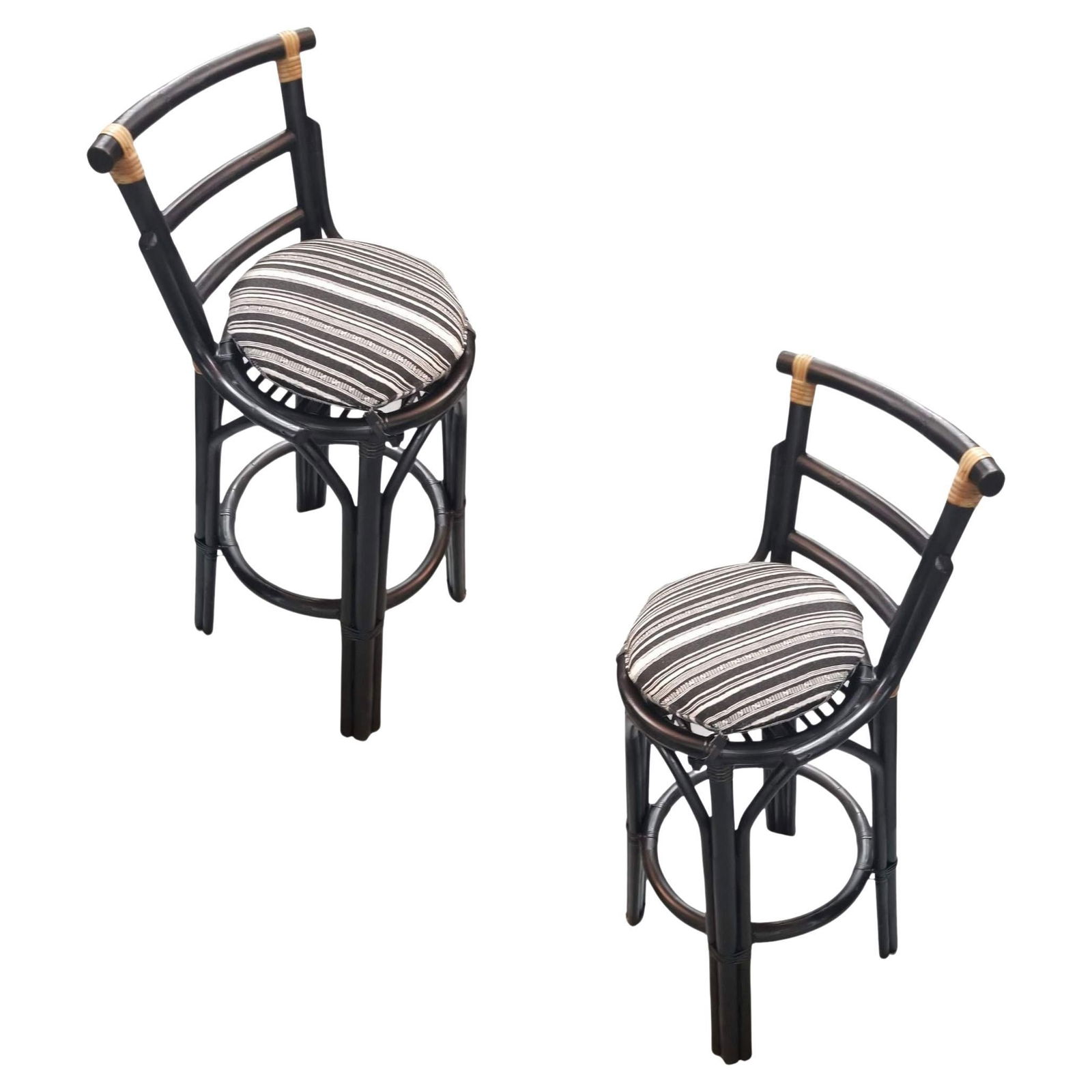 Restored Black Rattan Bar Stools Pair in the style of John Wisner - 2
