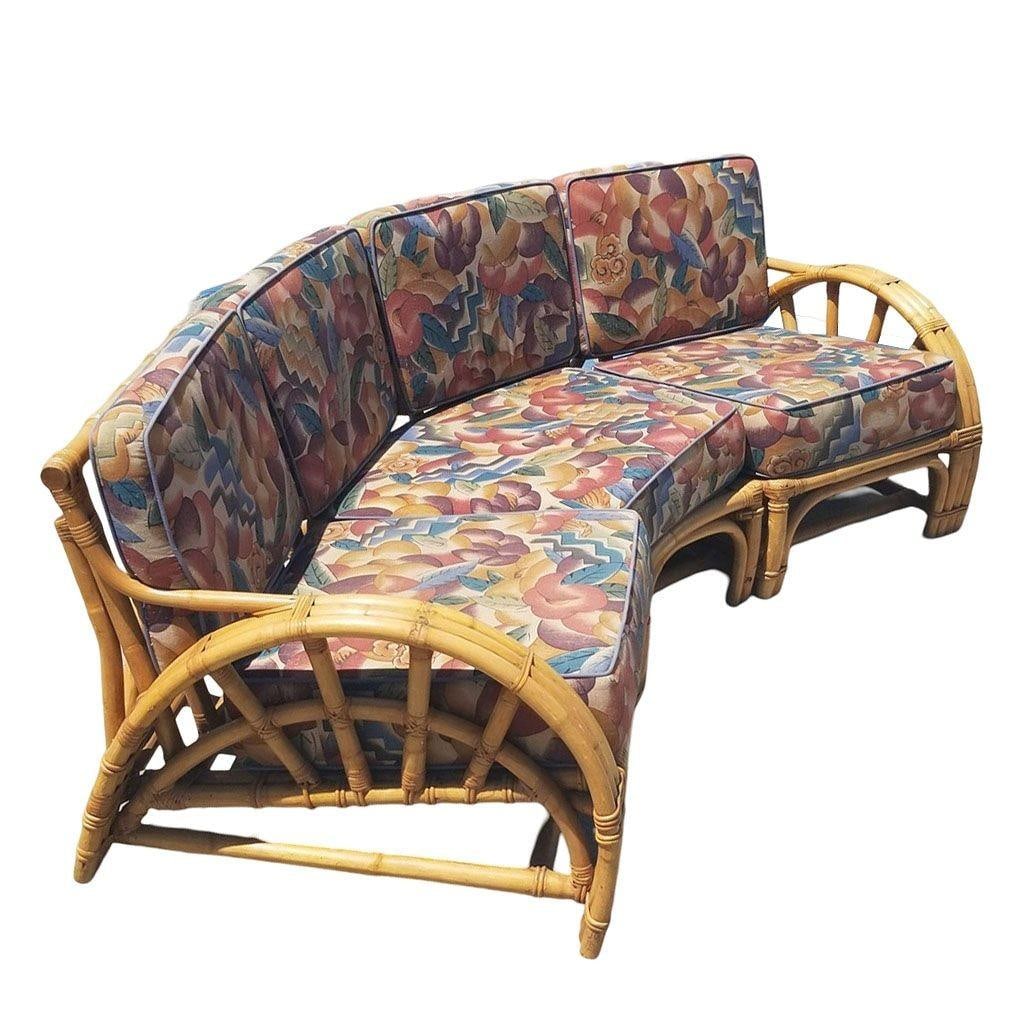 Restored Mid-century 3 Strand Rattan Spoke Half Moon Arm Corner Sectional Sofa - 16