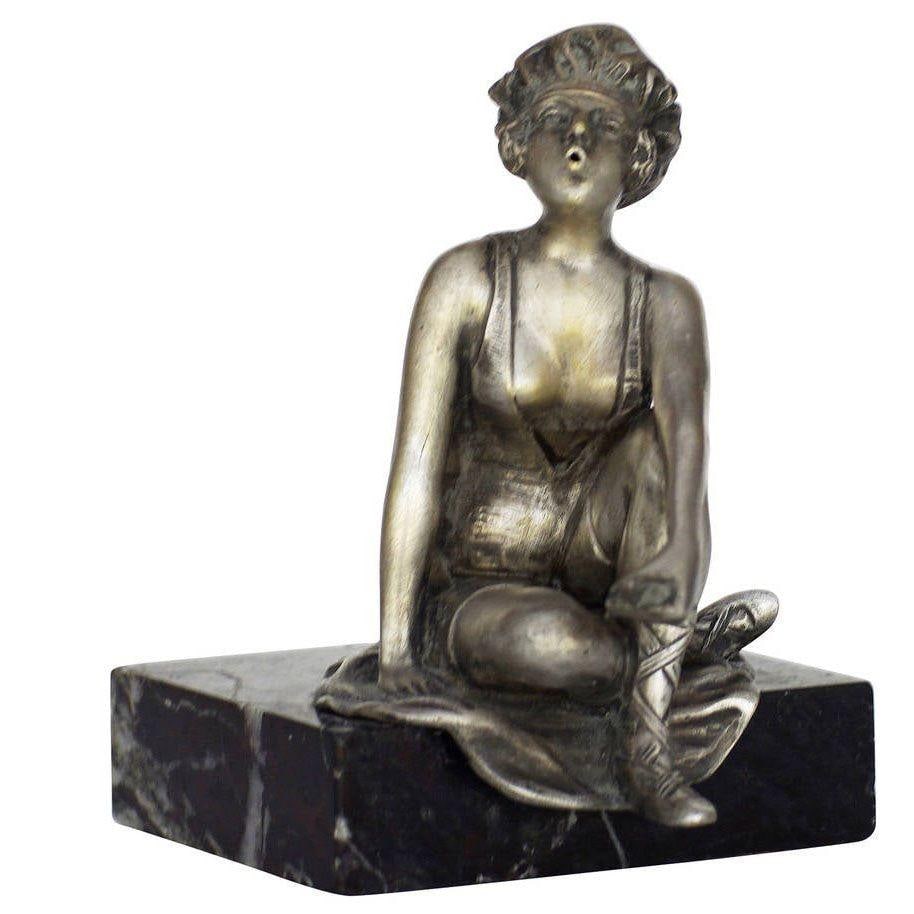 Art Deco Nickel Plate Smoking Flapper on Marble Base - 3