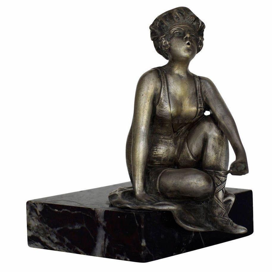 Art Deco Nickel Plate Smoking Flapper on Marble Base - 4