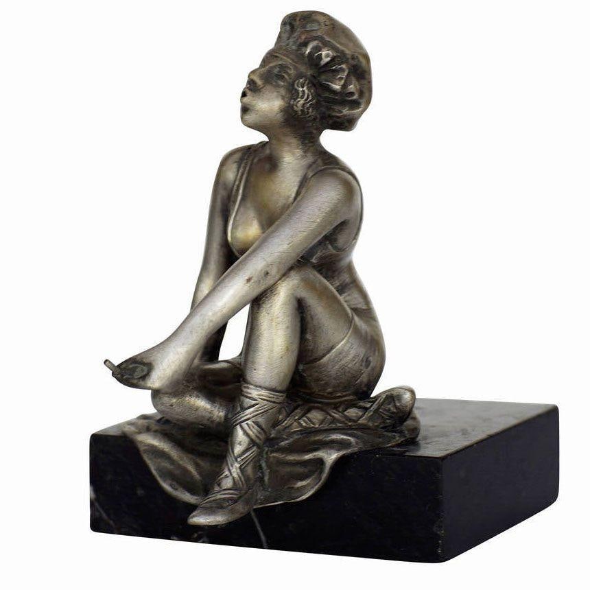 Art Deco Nickel Plate Smoking Flapper on Marble Base - 5