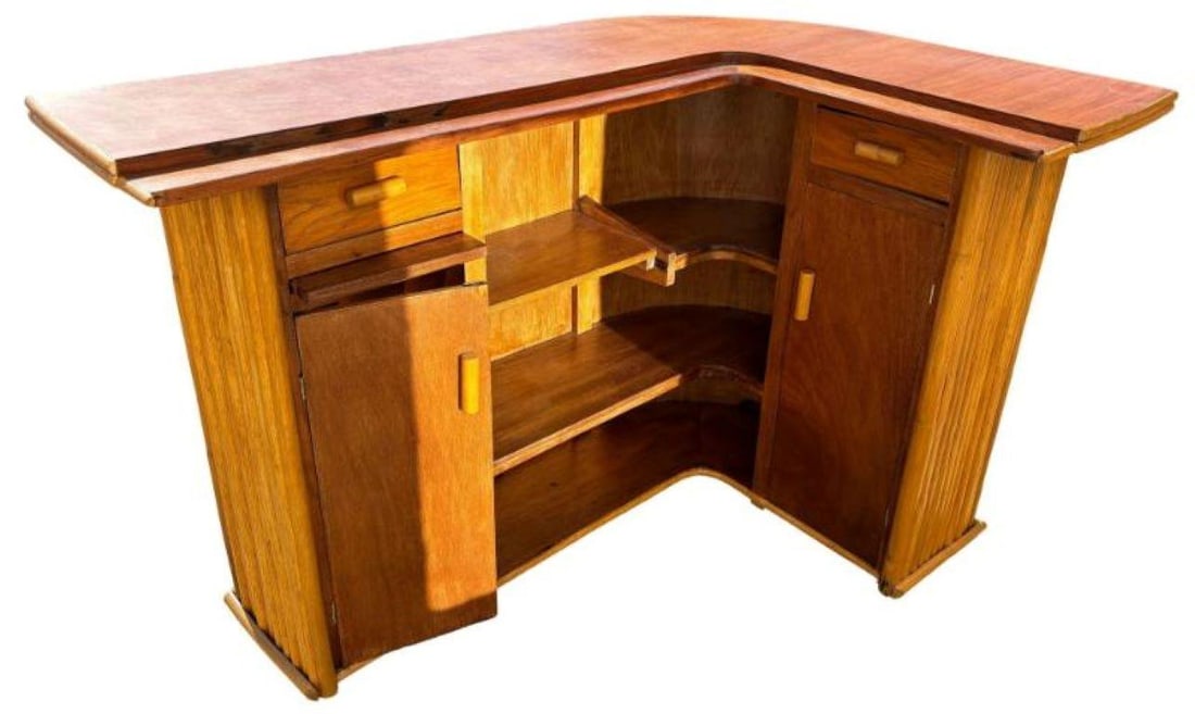 Restored Stacked Rattan & Mahogany L-Shaped Corner Bar - 18