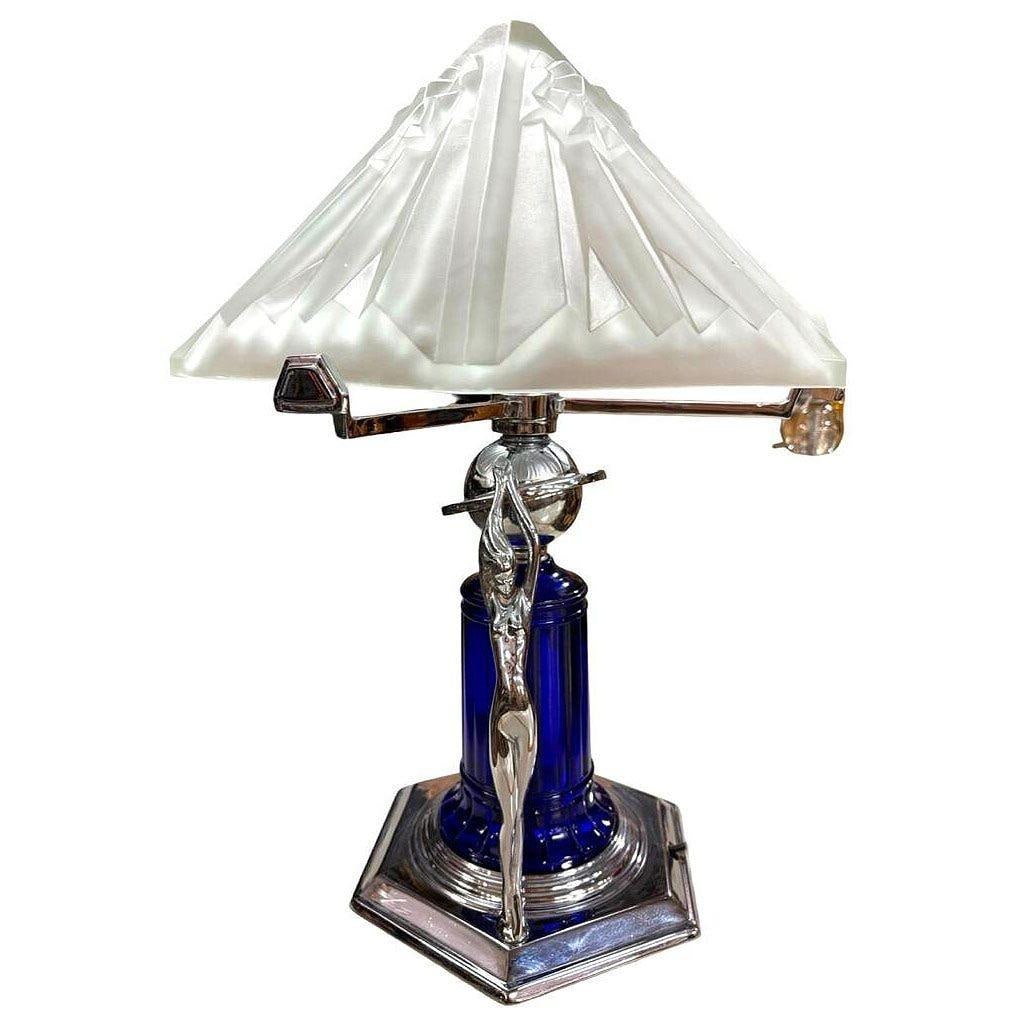Frankart Era Art Deco Style Chrome & Cobalt Figural Lamp w/ Vivian Glass Shade - 10