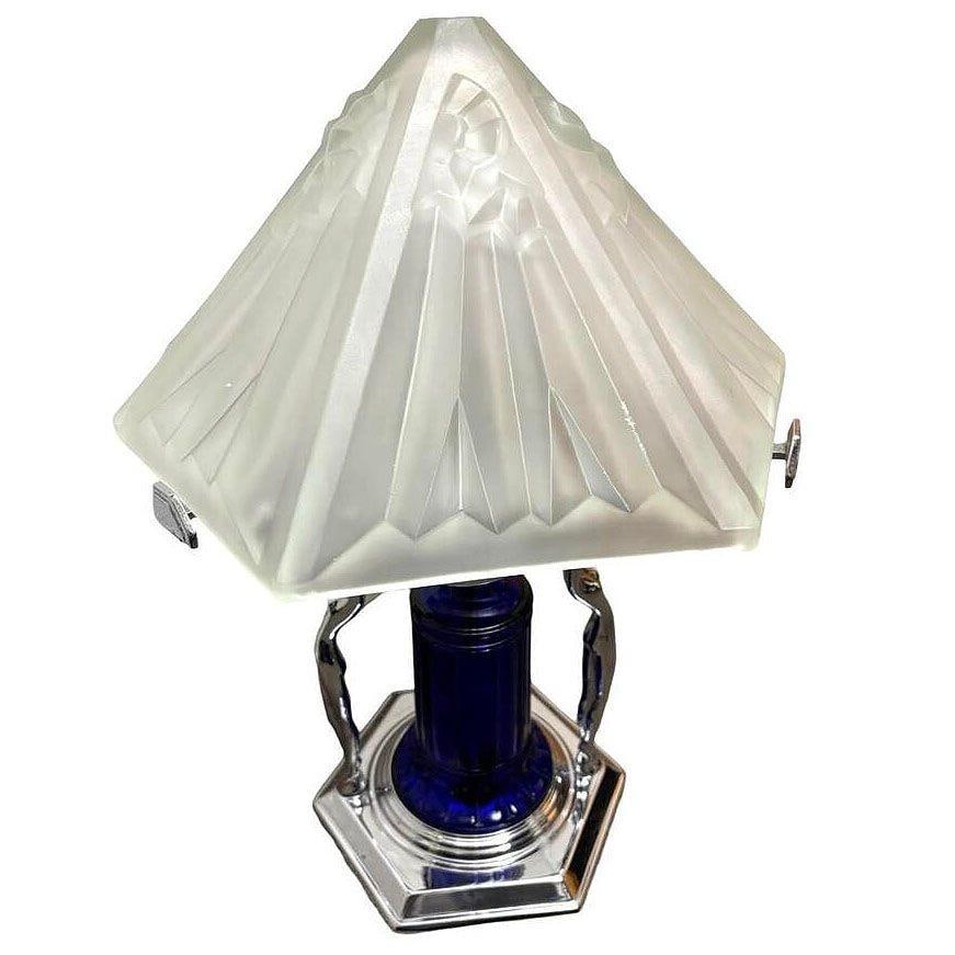 Frankart Era Art Deco Style Chrome & Cobalt Figural Lamp w/ Vivian Glass Shade - 11