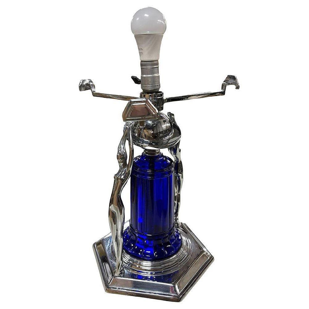 Frankart Era Art Deco Style Chrome & Cobalt Figural Lamp w/ Vivian Glass Shade - 13