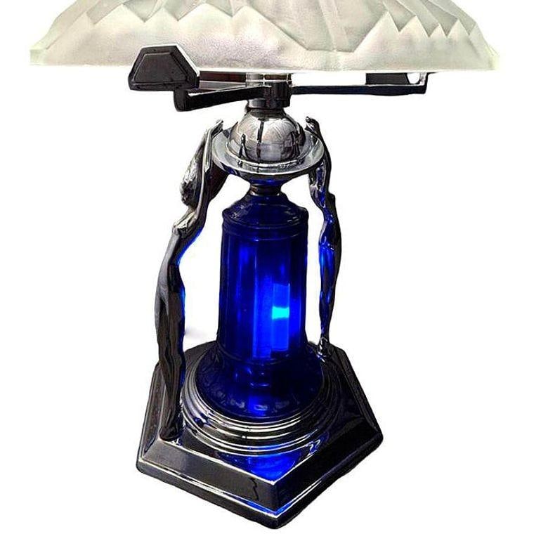 Frankart Era Art Deco Style Chrome & Cobalt Figural Lamp w/ Vivian Glass Shade - 15