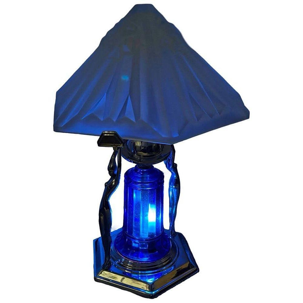 Frankart Era Art Deco Style Chrome & Cobalt Figural Lamp w/ Vivian Glass Shade - 4