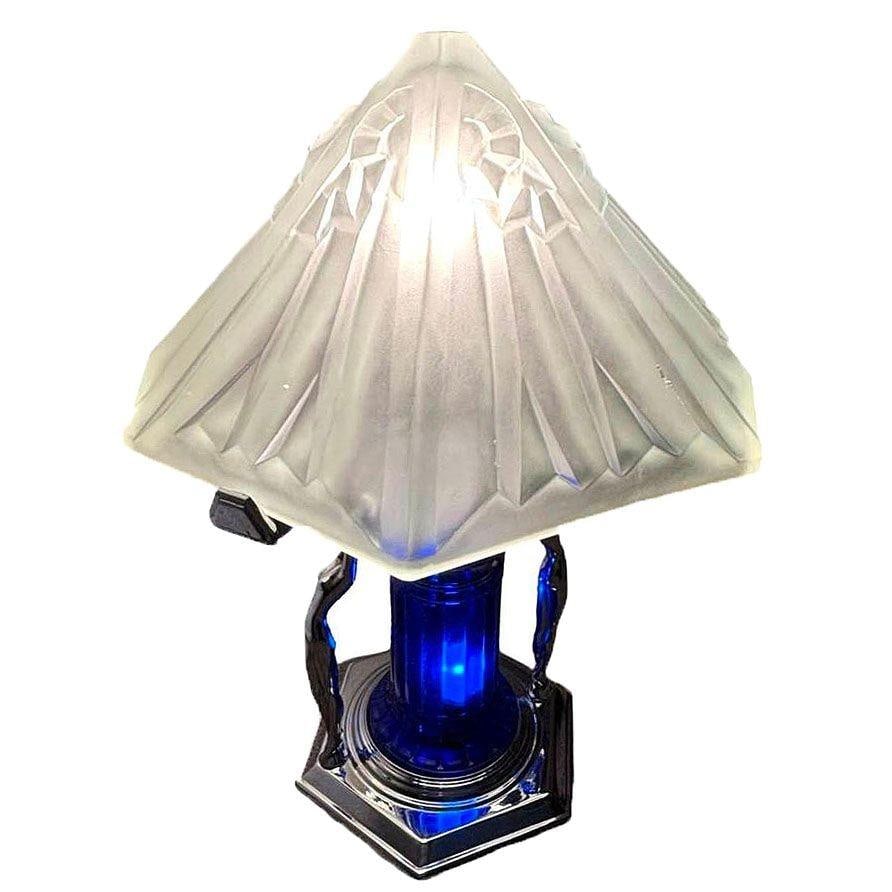 Frankart Era Art Deco Style Chrome & Cobalt Figural Lamp w/ Vivian Glass Shade - 6