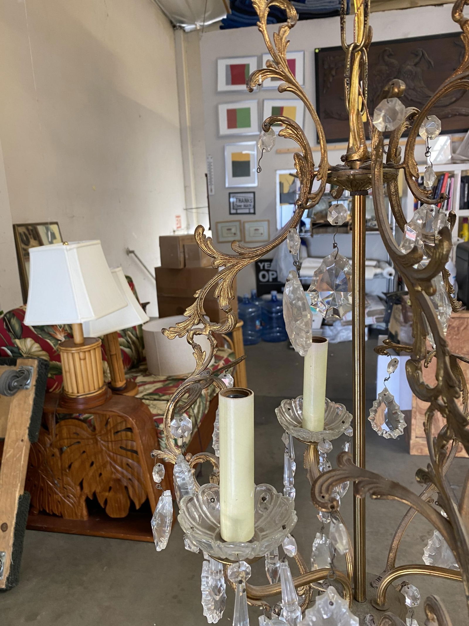 Tall Hollywood Regency Crystal and Brass Chandelier w/ Three Lights - 11