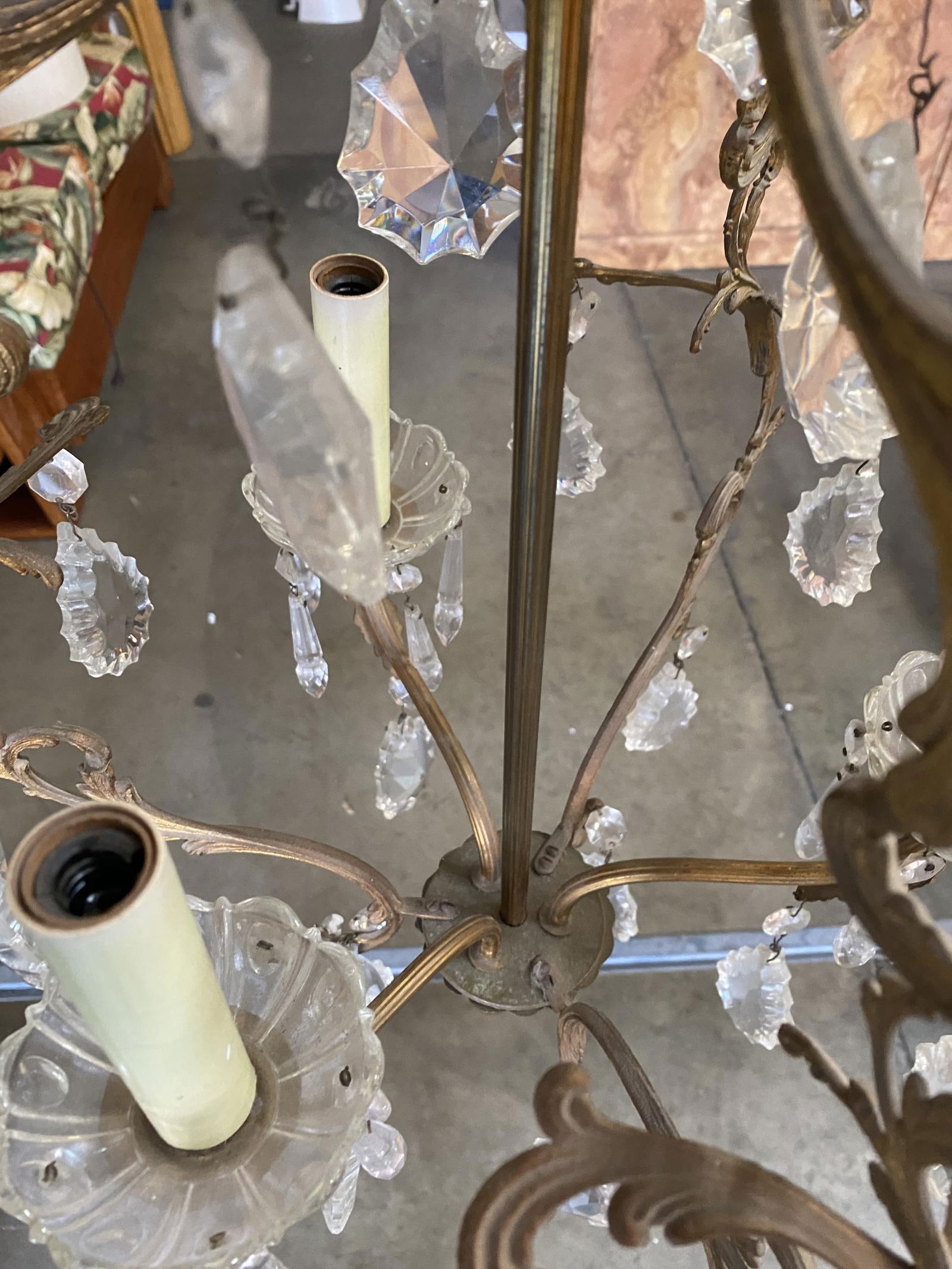 Tall Hollywood Regency Crystal and Brass Chandelier w/ Three Lights - 15