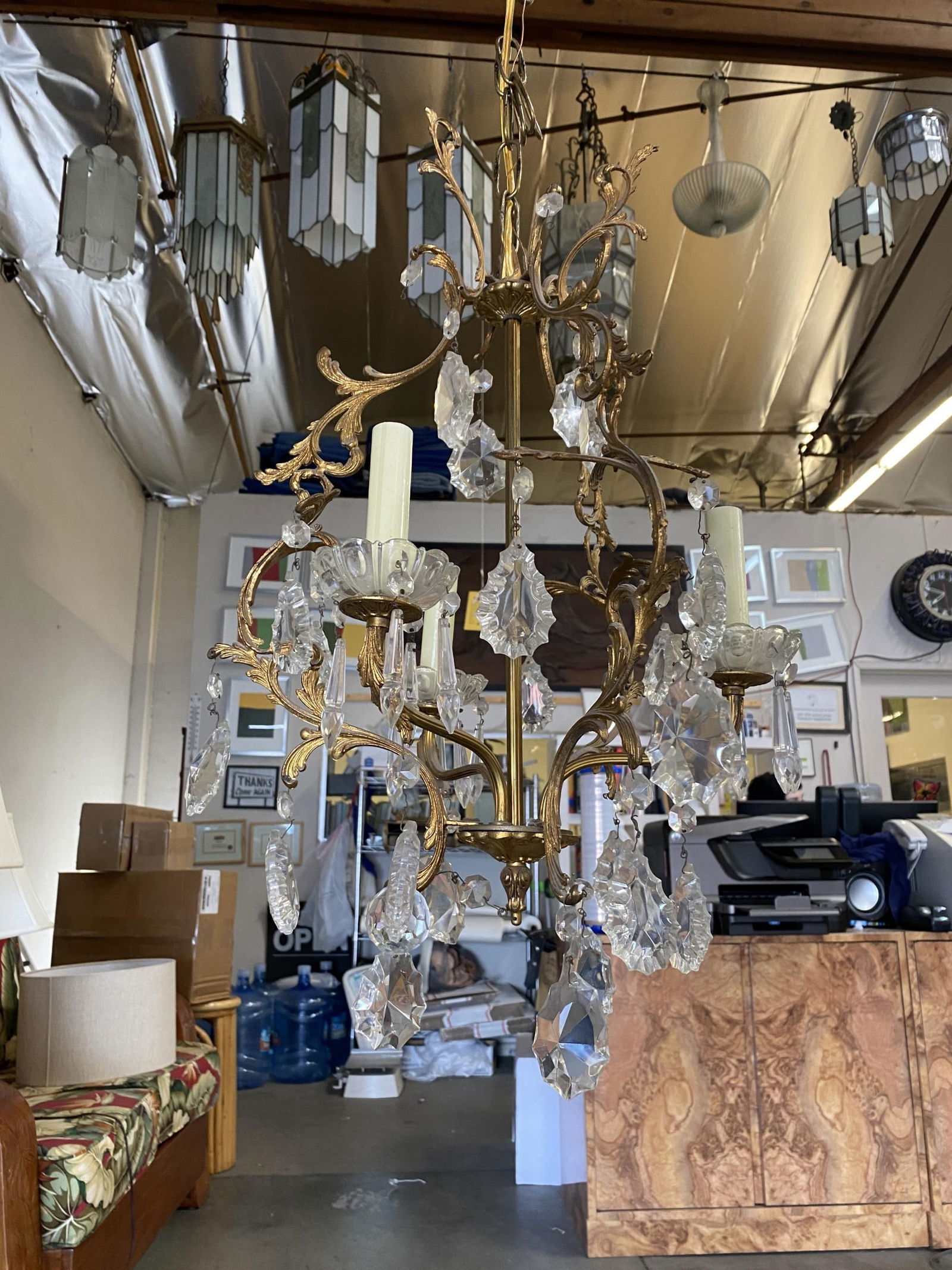 Tall Hollywood Regency Crystal and Brass Chandelier w/ Three Lights - 16