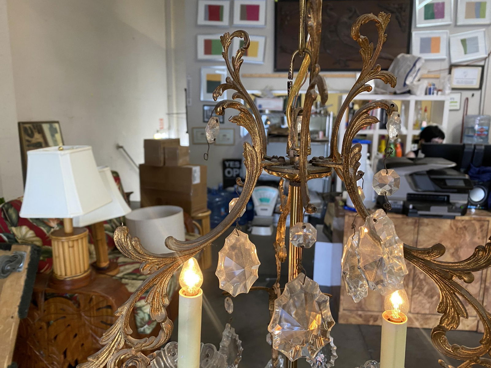 Tall Hollywood Regency Crystal and Brass Chandelier w/ Three Lights - 18