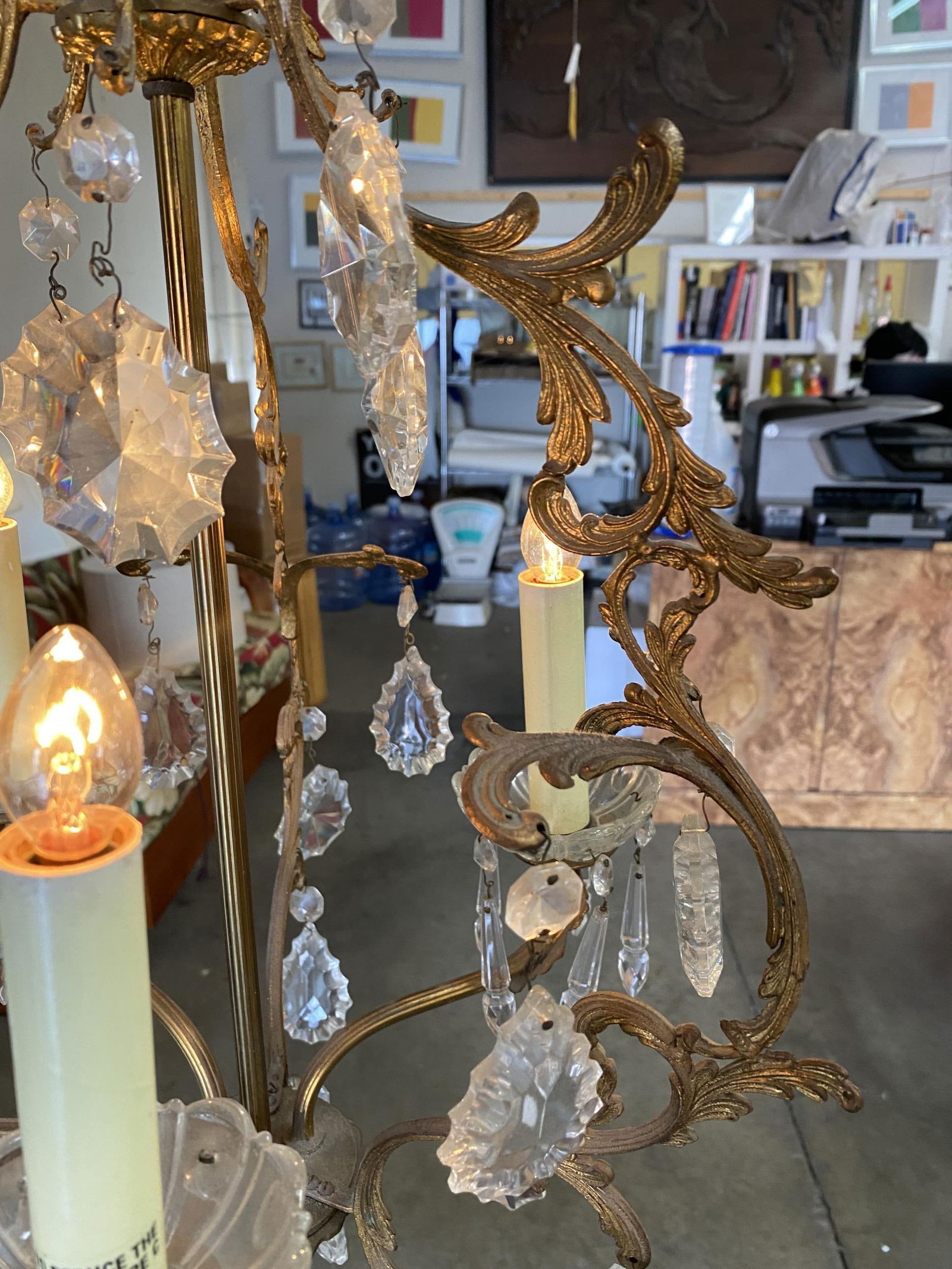 Tall Hollywood Regency Crystal and Brass Chandelier w/ Three Lights - 5