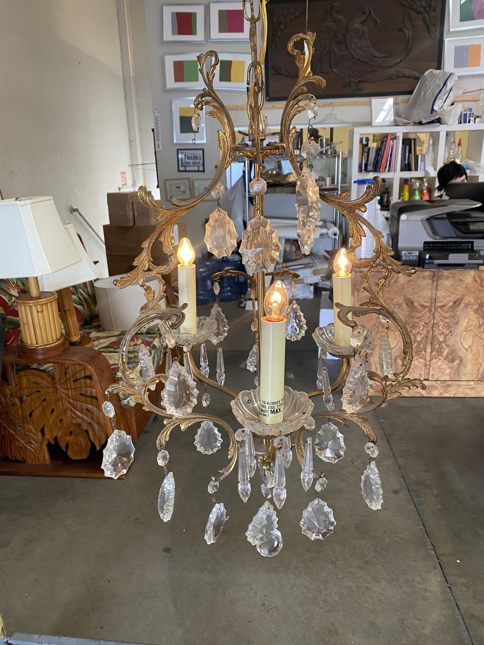 Tall Hollywood Regency Crystal and Brass Chandelier w/ Three Lights - 8