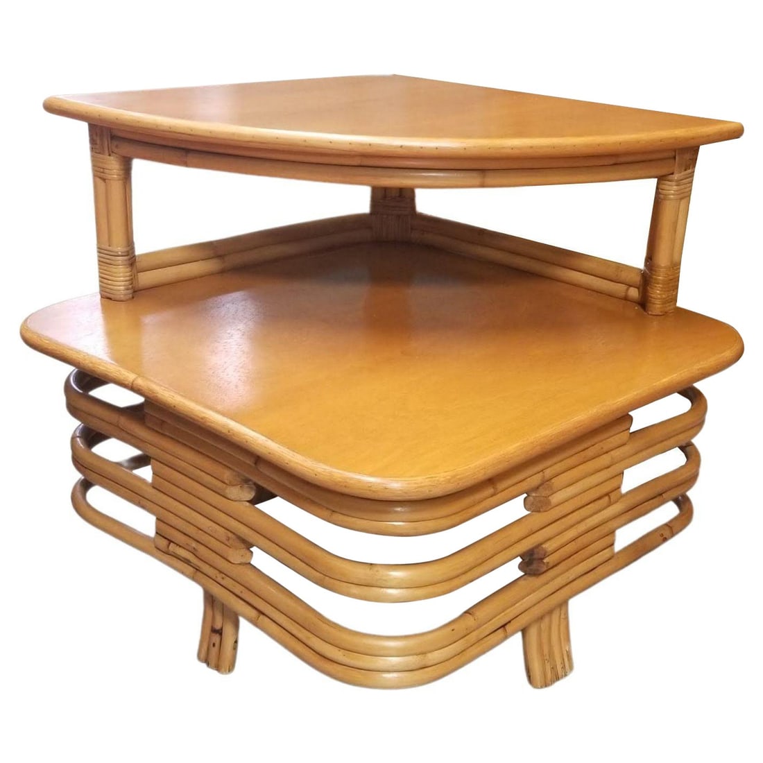 Restored Ratan and Mahogany Two-Tiered Corner Table with Stacked Rattan Base (1 of 19)