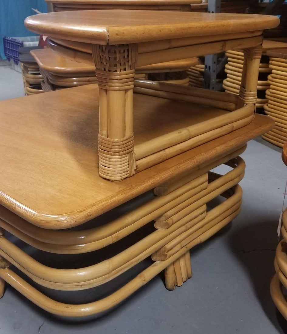Restored Ratan and Mahogany Two-Tiered Corner Table with Stacked Rattan Base - 5
