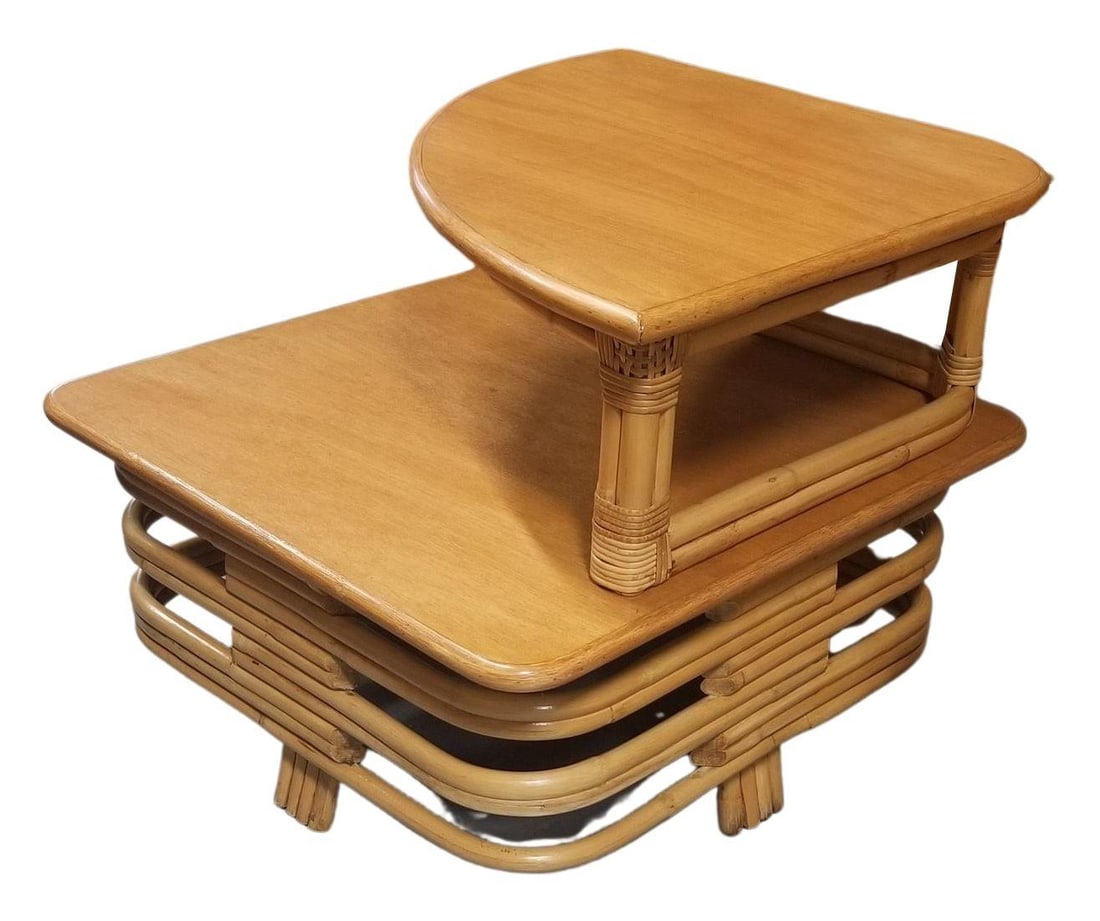 Restored Ratan and Mahogany Two-Tiered Corner Table with Stacked Rattan Base - 8