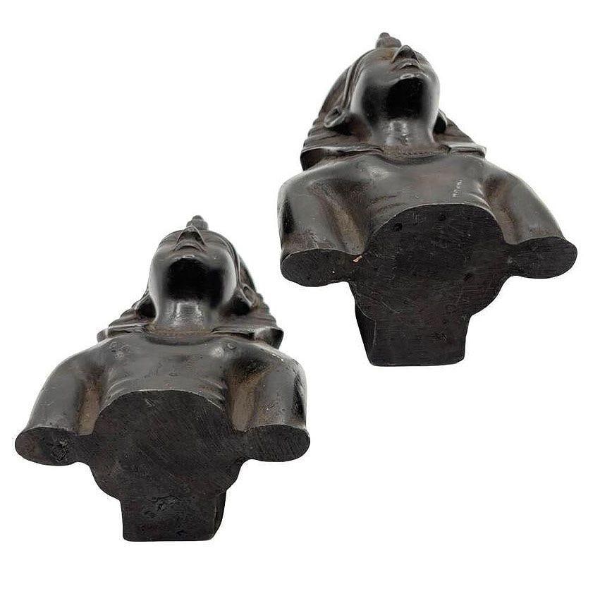 Hand Carved Ebony Wood King Tut Tutankhamen Pharaoh Bust Book Ends Signed 1974 - 11