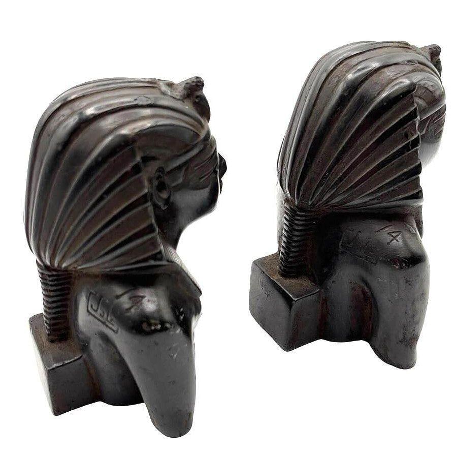 Hand Carved Ebony Wood King Tut Tutankhamen Pharaoh Bust Book Ends Signed 1974 - 9