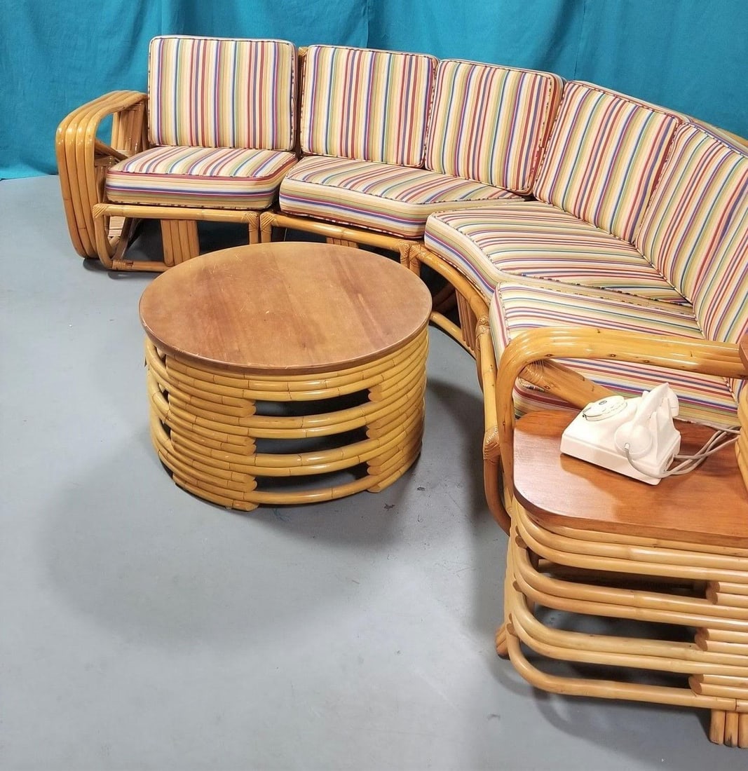 Restored Square Pretzel Rattan Corner Sofa, Coffee & Side Table Living Room Set - 13