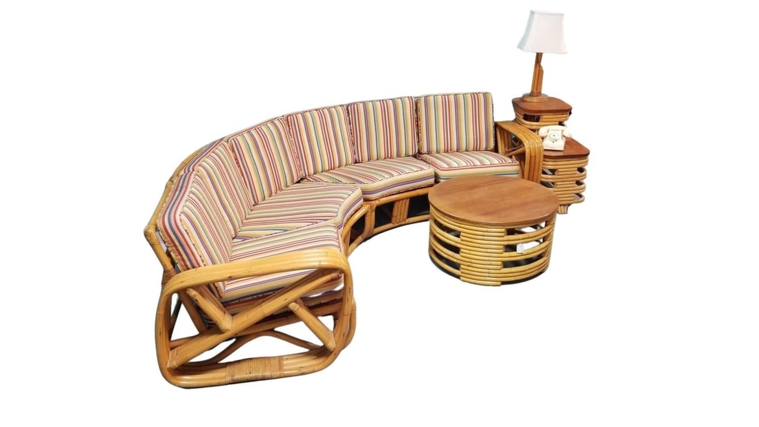 Restored Square Pretzel Rattan Corner Sofa, Coffee & Side Table Living Room Set - 9