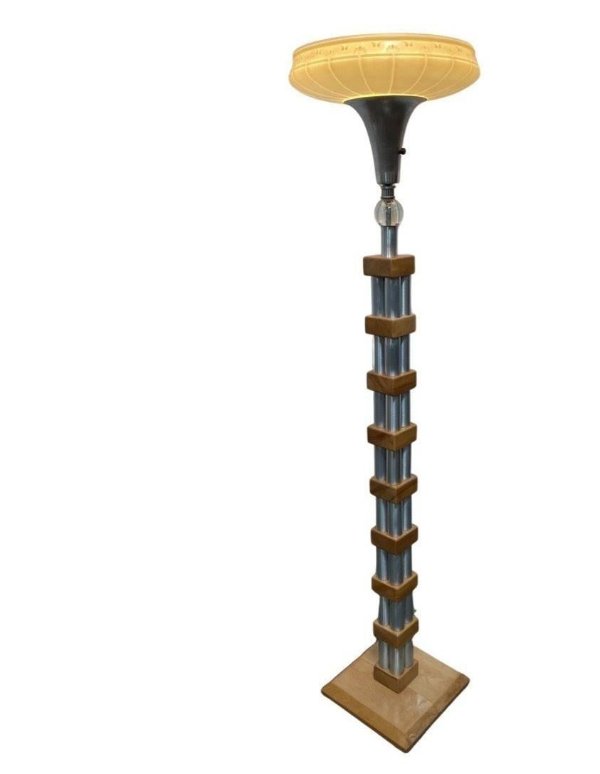 Mid-Century Modern Chrome Blond Maple Stacked Torchiere Floor Lamp - 13