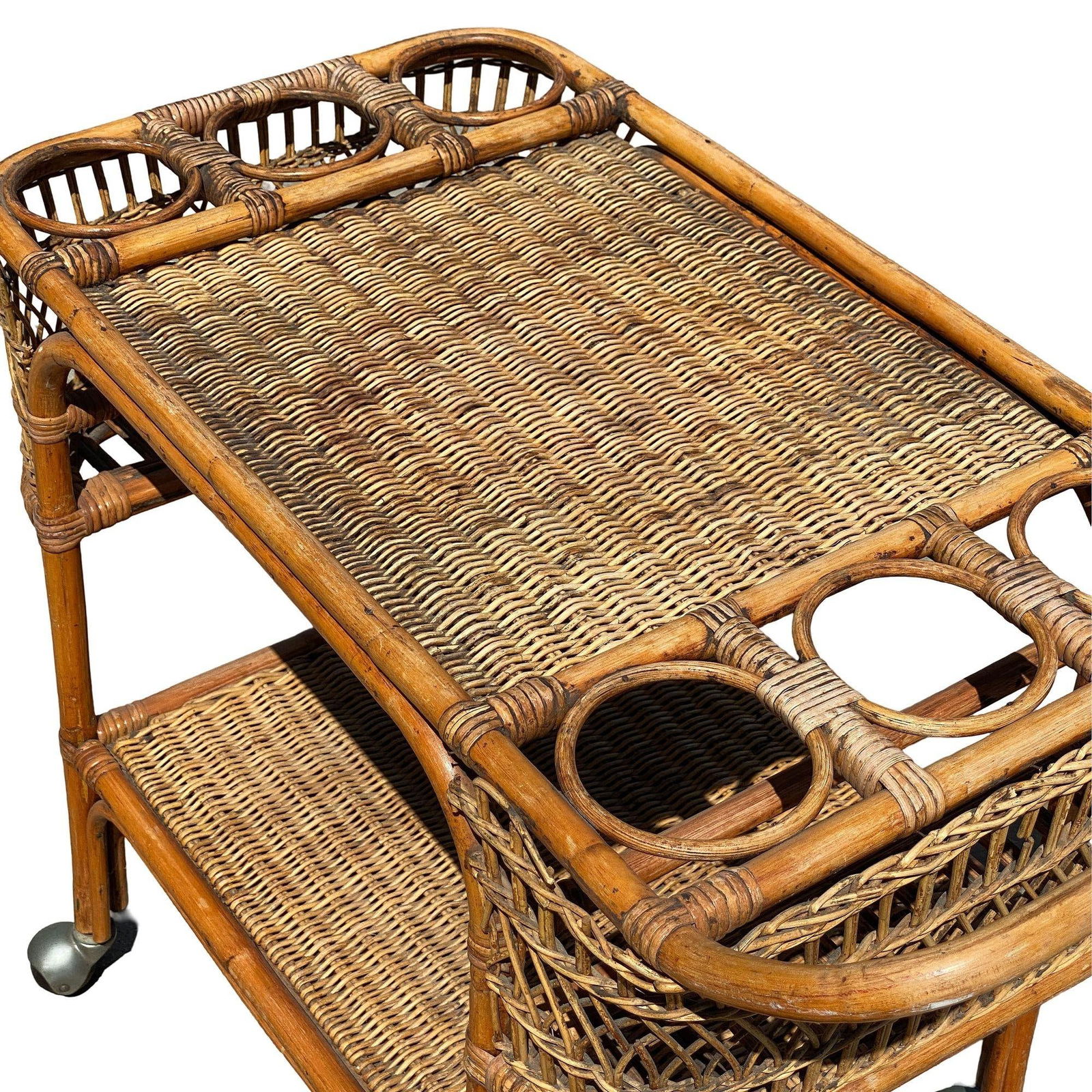 Restored Art Deco Stick Rattan Two-Tier Bar Cart w/ Woven WickerTops - 12