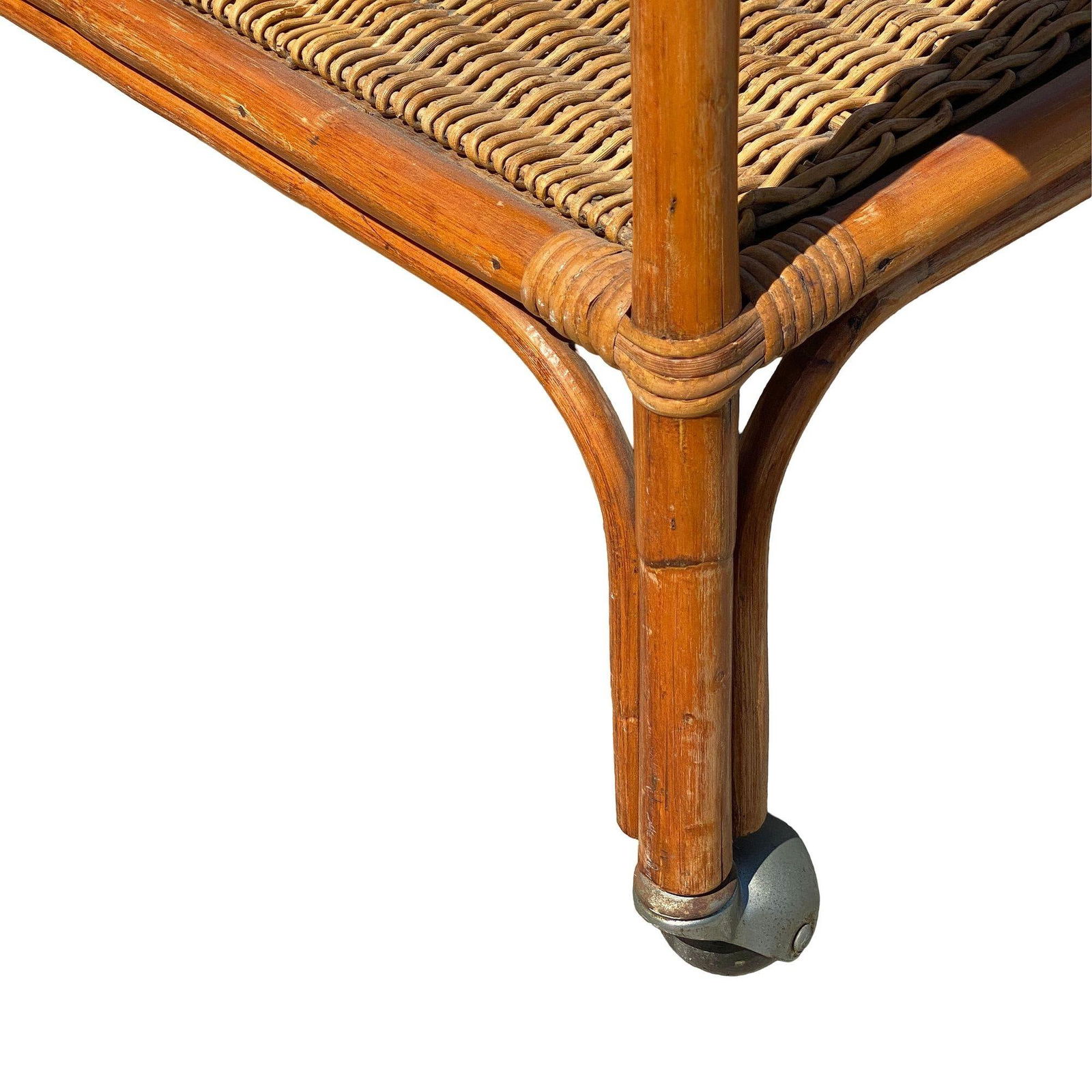 Restored Art Deco Stick Rattan Two-Tier Bar Cart w/ Woven WickerTops - 14