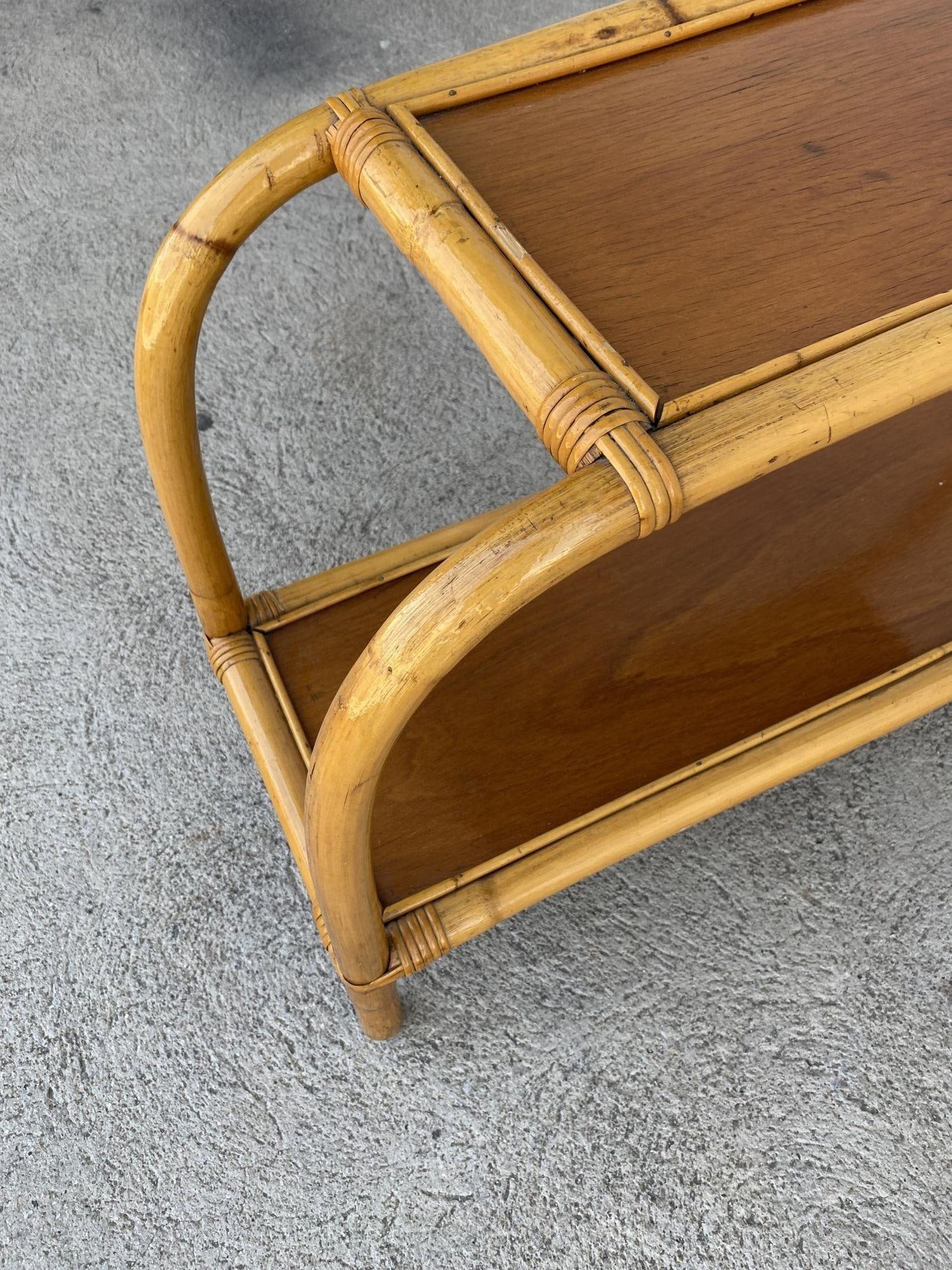 Restored 1950s Boho Two-Tier "Arch" Rattan & Mahogany Side Table - 14