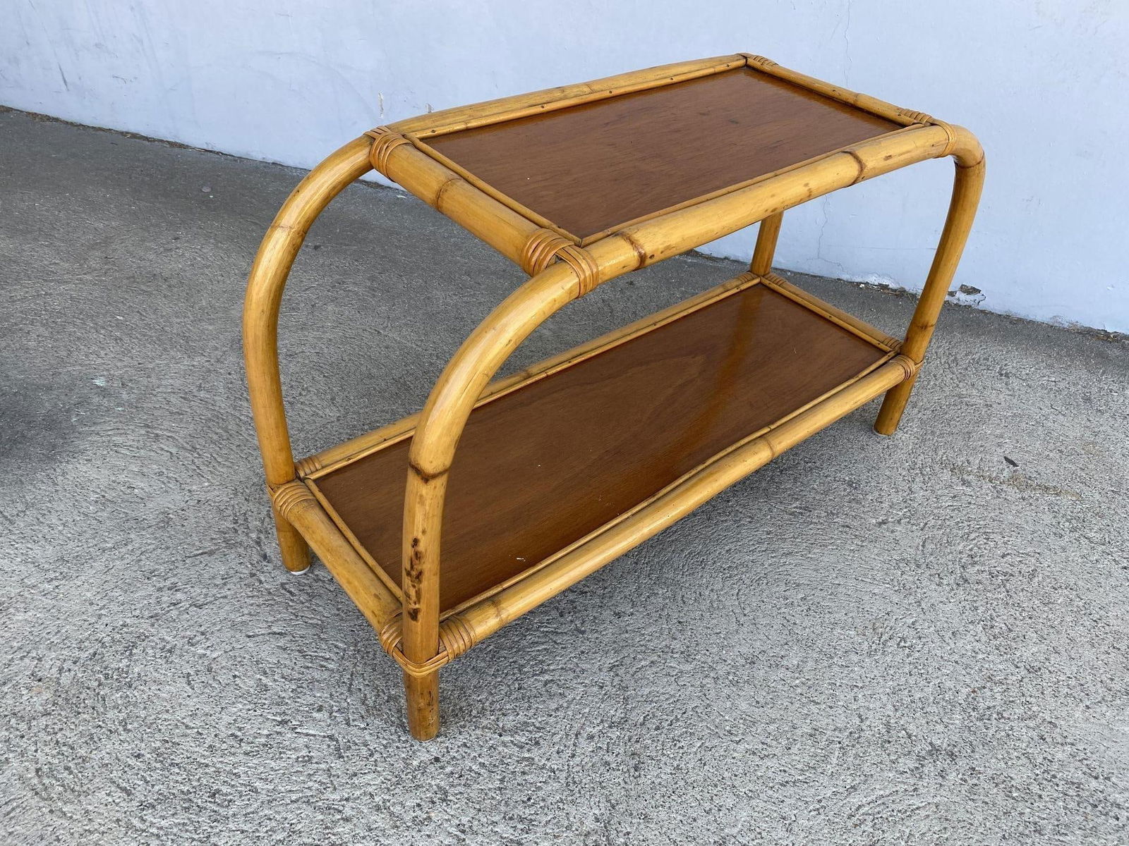 Restored 1950s Boho Two-Tier "Arch" Rattan & Mahogany Side Table - 17