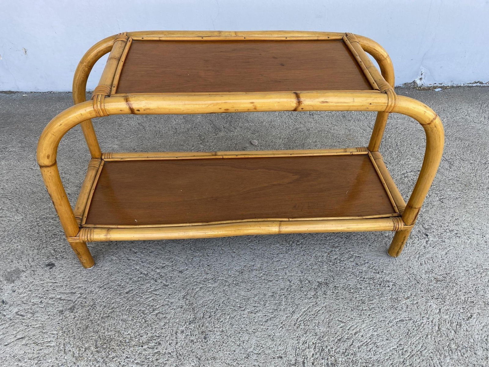 Restored 1950s Boho Two-Tier "Arch" Rattan & Mahogany Side Table - 18
