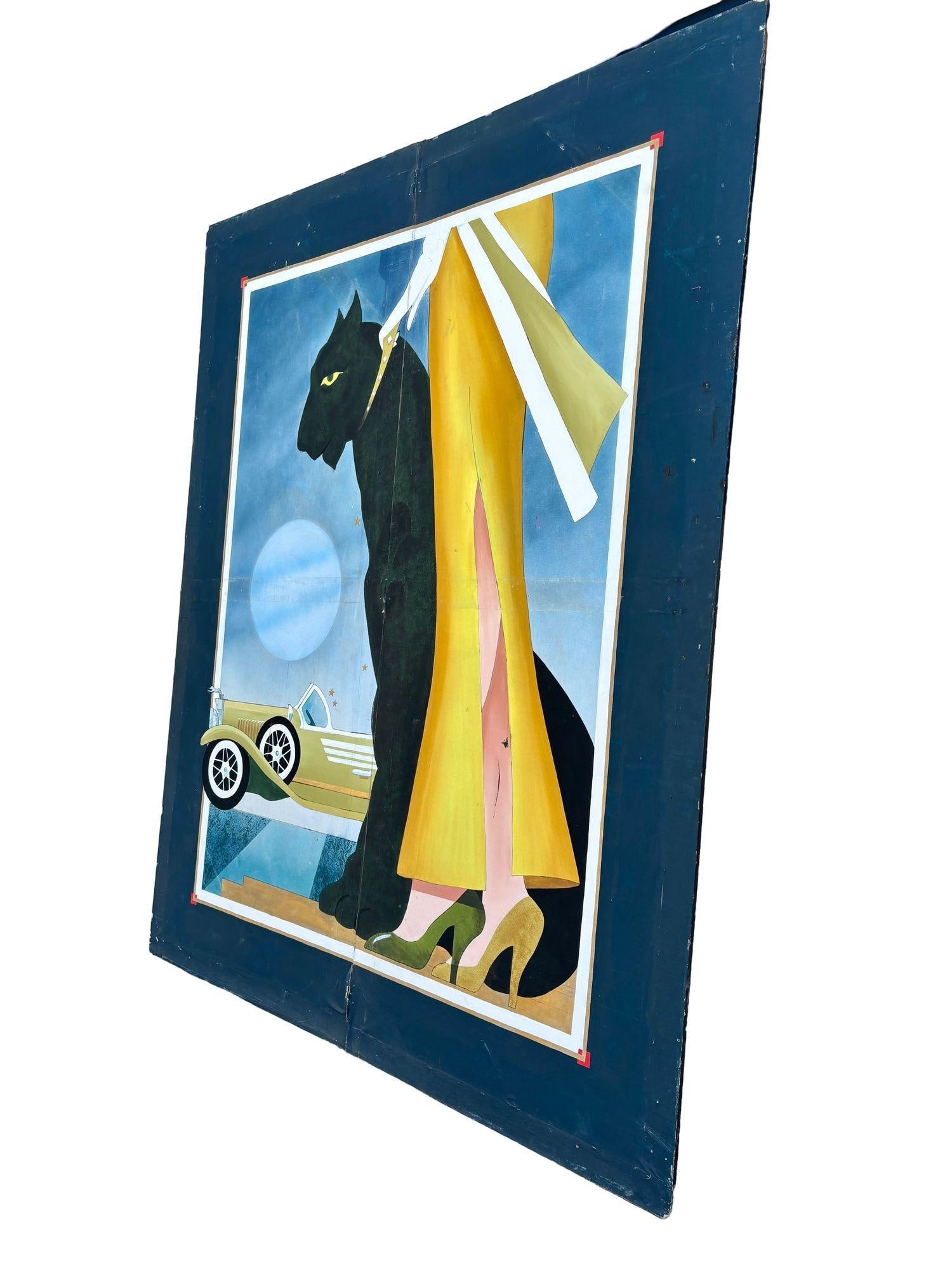 12' Foot Hand Painted Art Deco Damsel & Panther Oil on Canvas Screen - 3