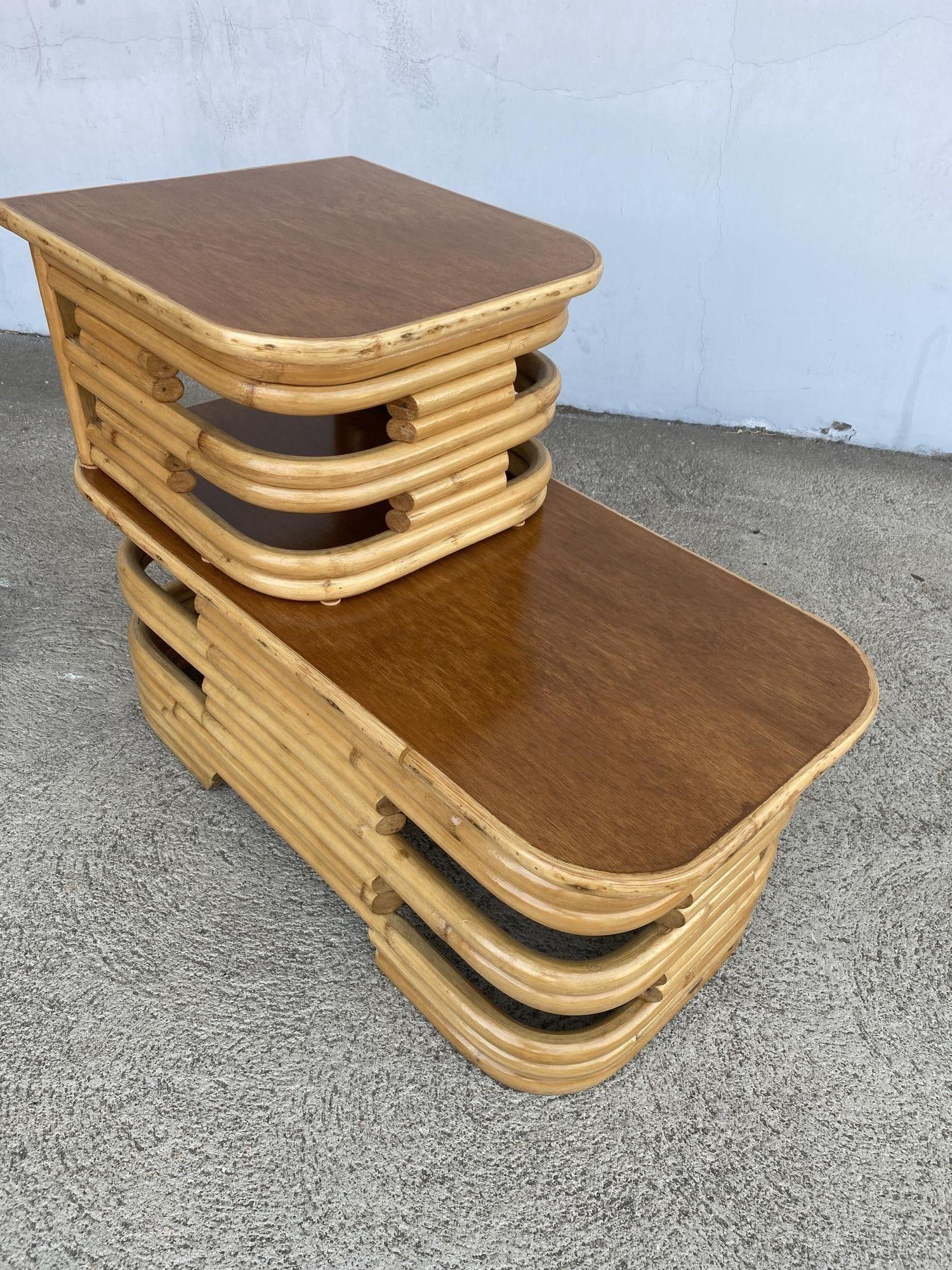 Restored Two-Tier Stacked Rattan Side Table with Mahogany Tops, Pair - 13